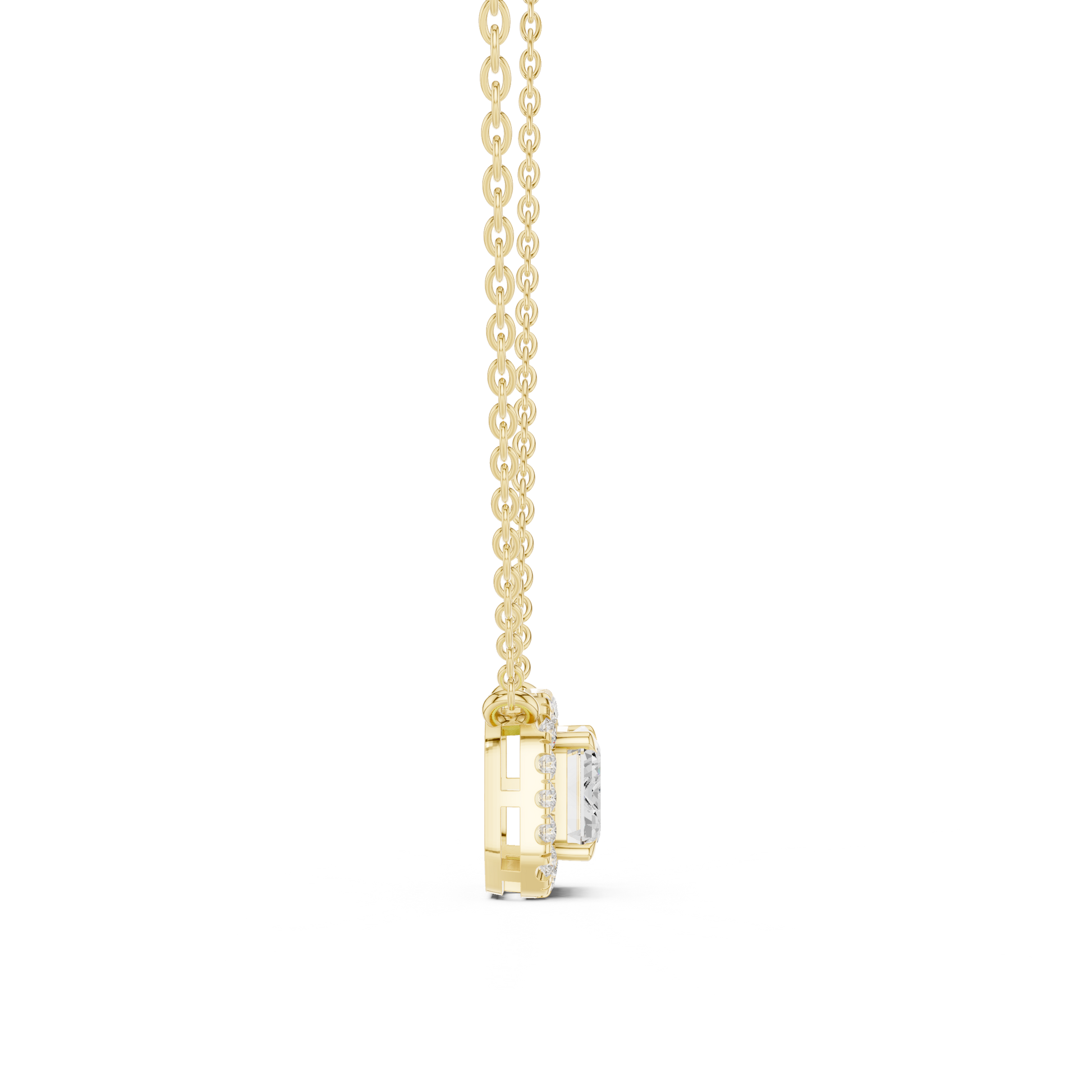 Gold necklace with a emerald diamond pendant on a white background