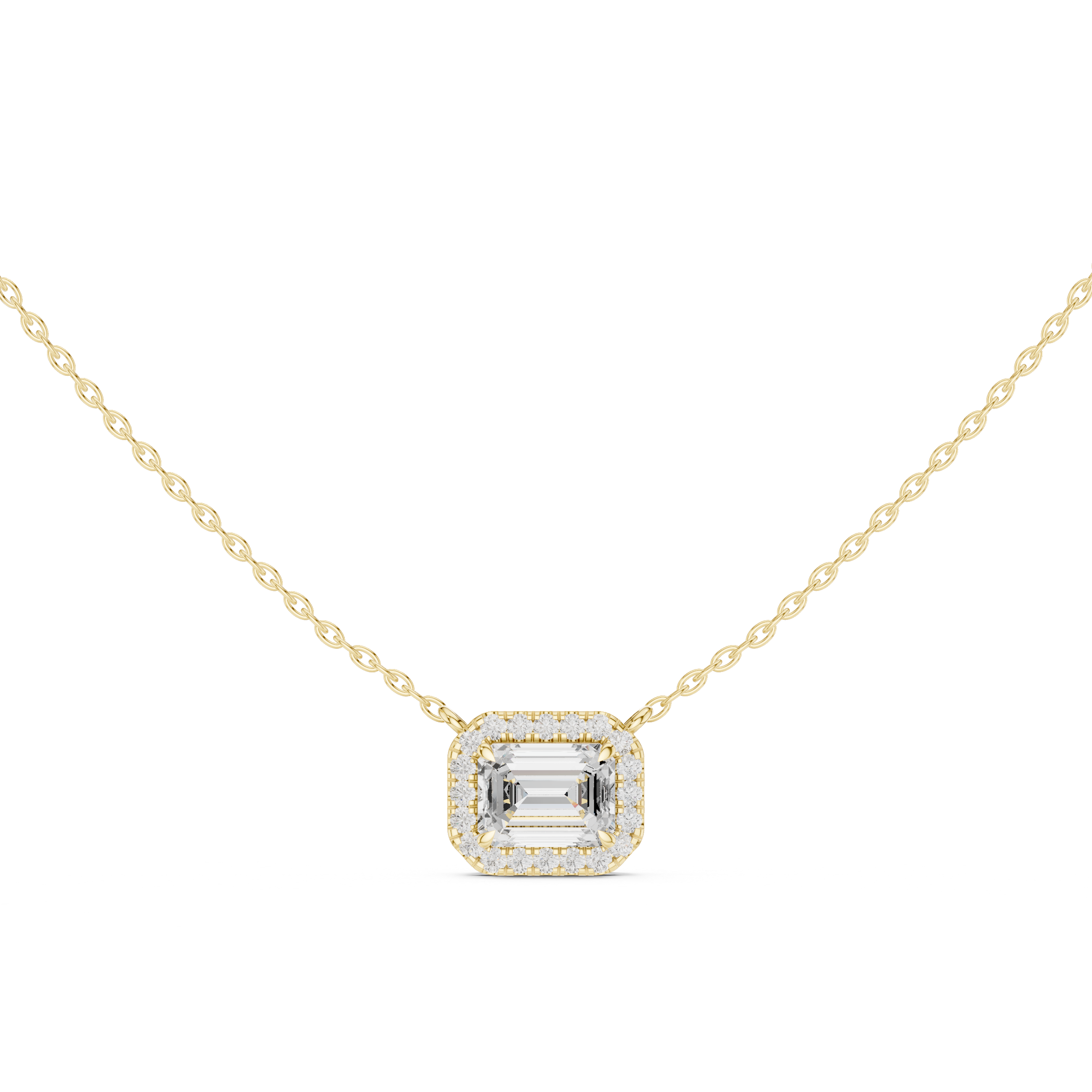 Gold necklace with a emerald diamond pendant on a white background