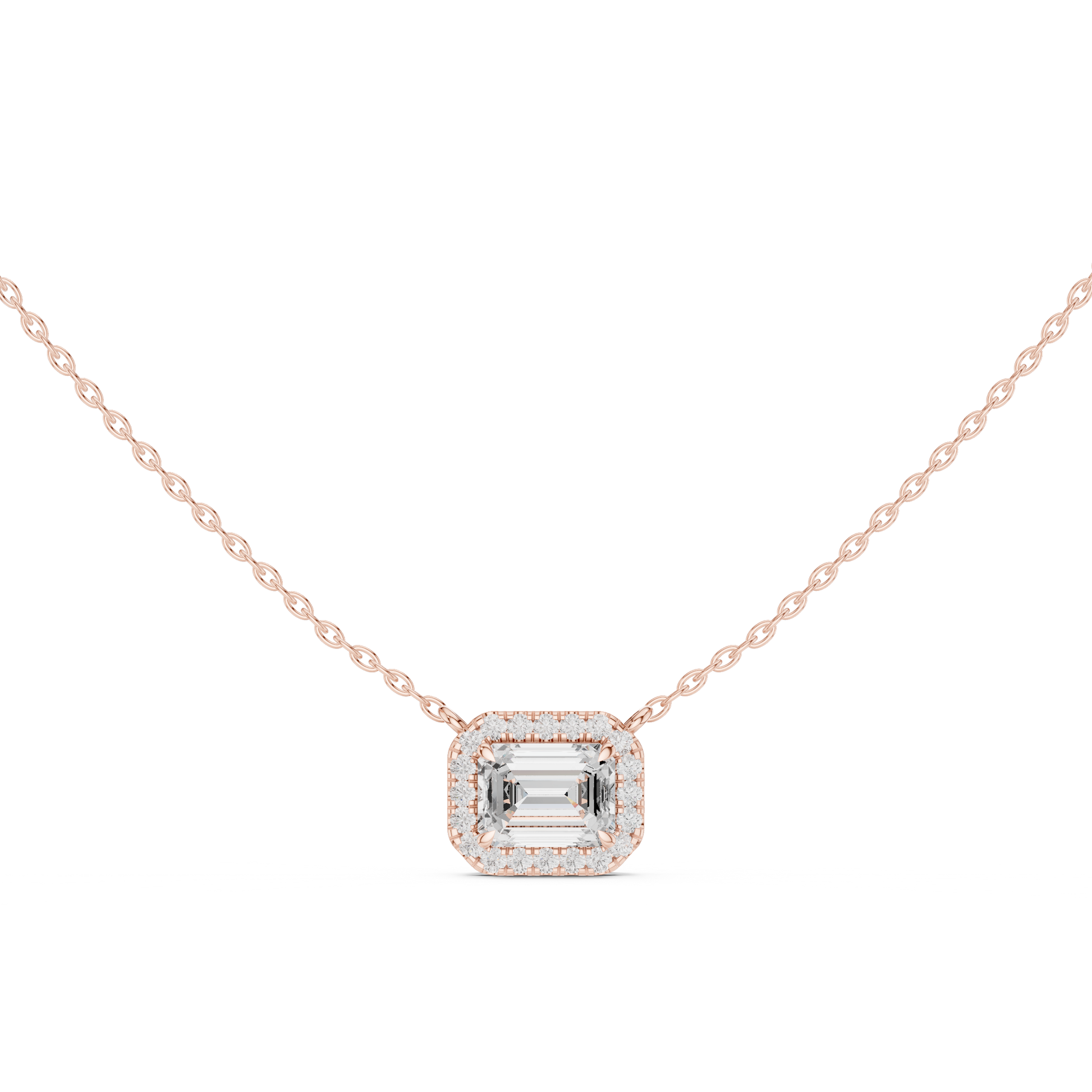 Rose gold necklace with a diamond pendant on a white background
