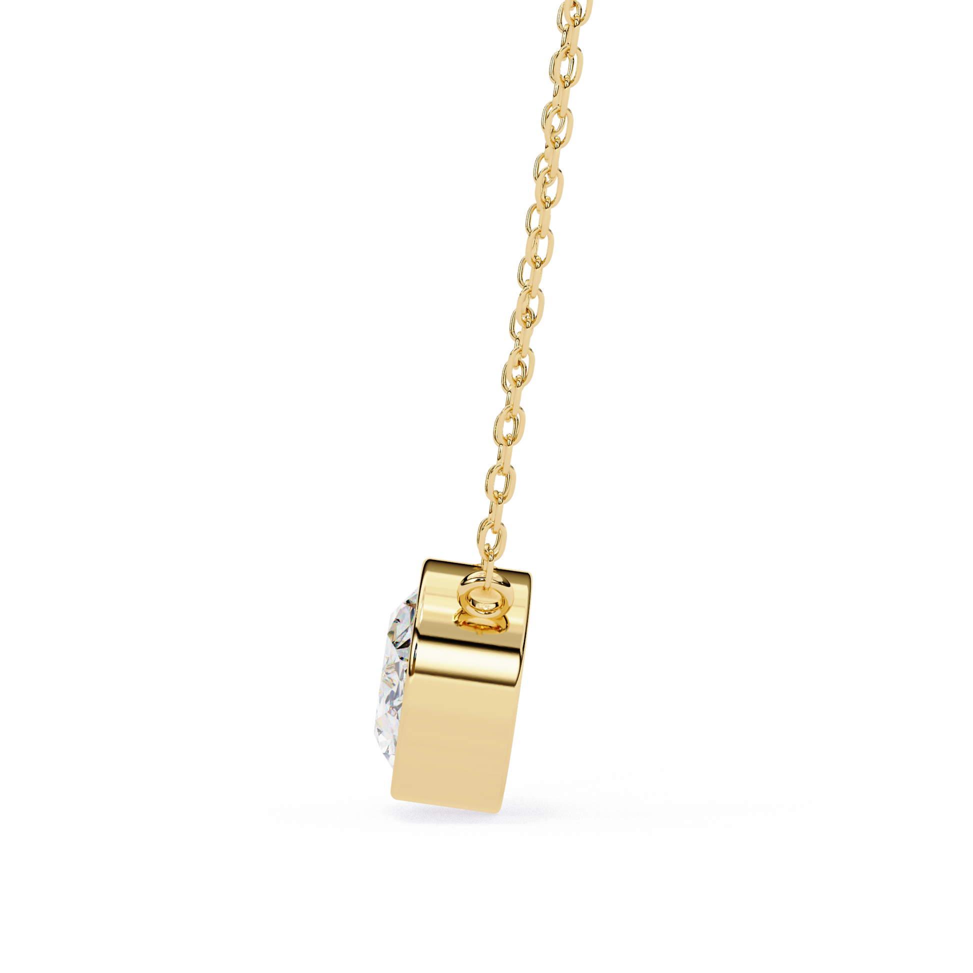 Gold necklace with a oval diamond pendant on a white background
