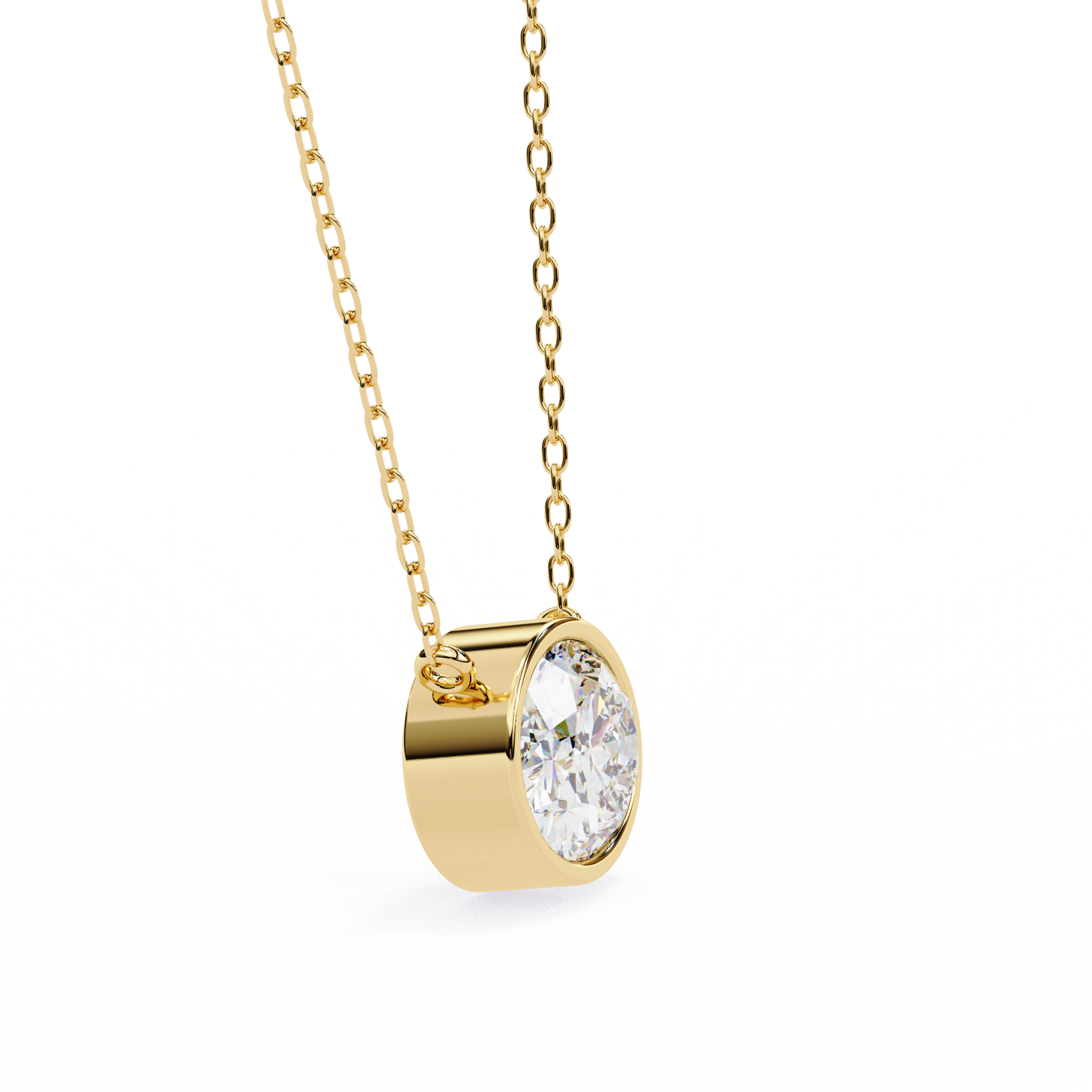 Gold necklace with a oval diamond pendant on a white background
