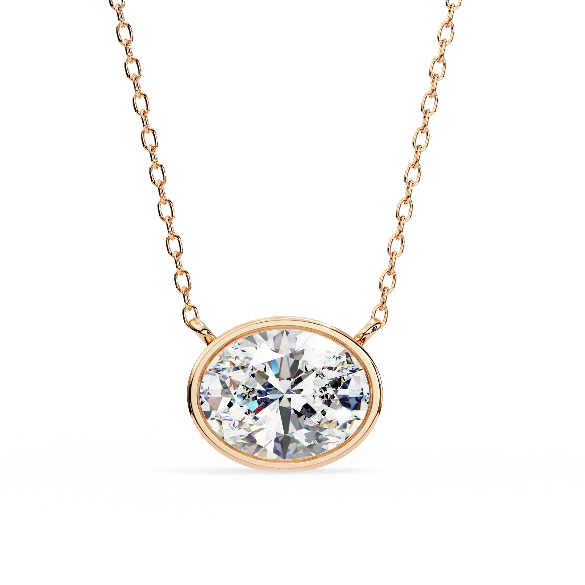 Rose gold necklace with a diamond pendant on a white background