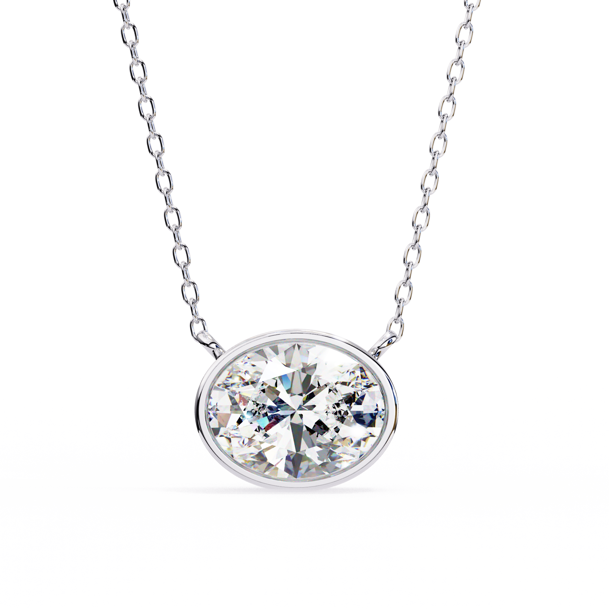 Gold necklace with a oval diamond pendant on a white background