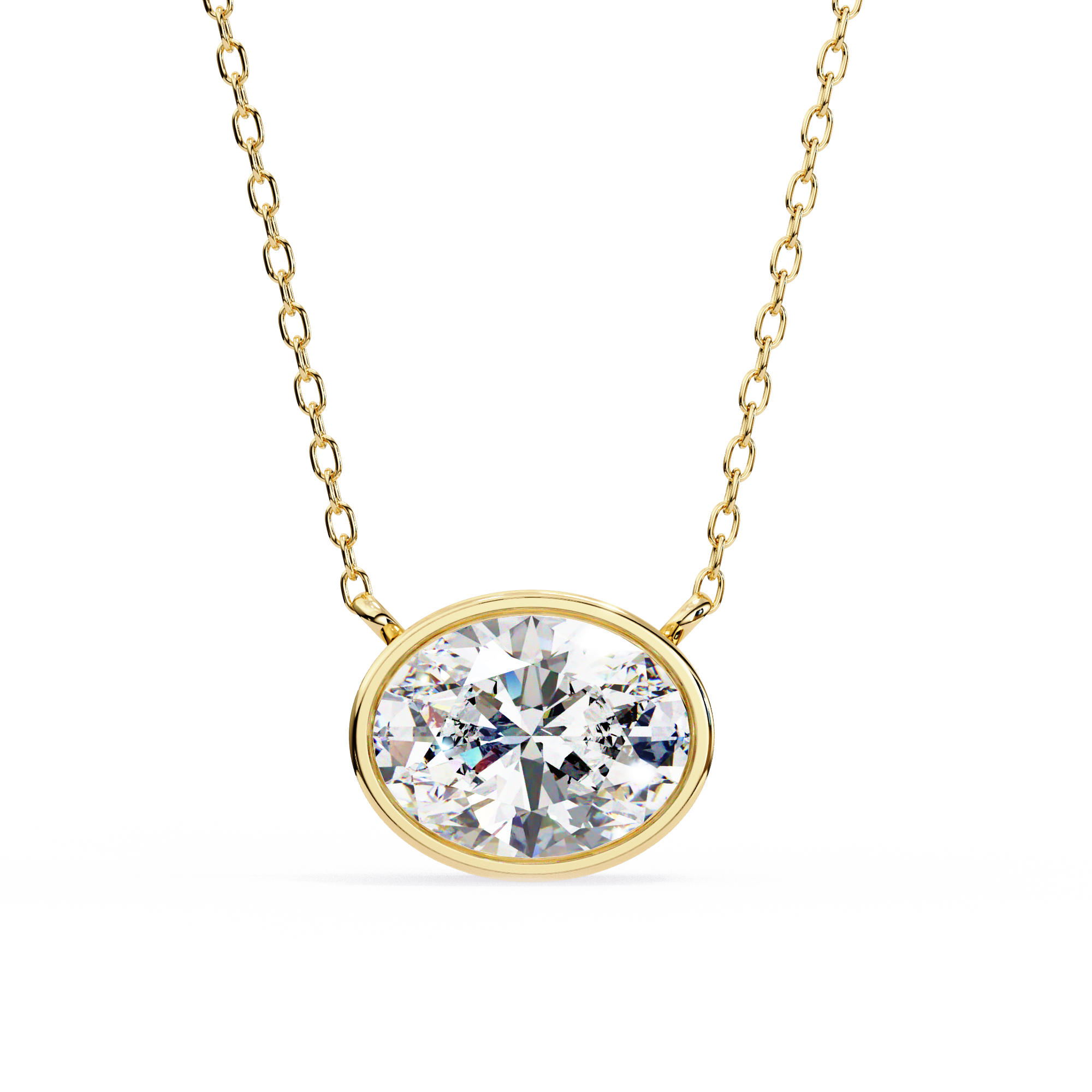 Gold necklace with a oval diamond pendant on a white background