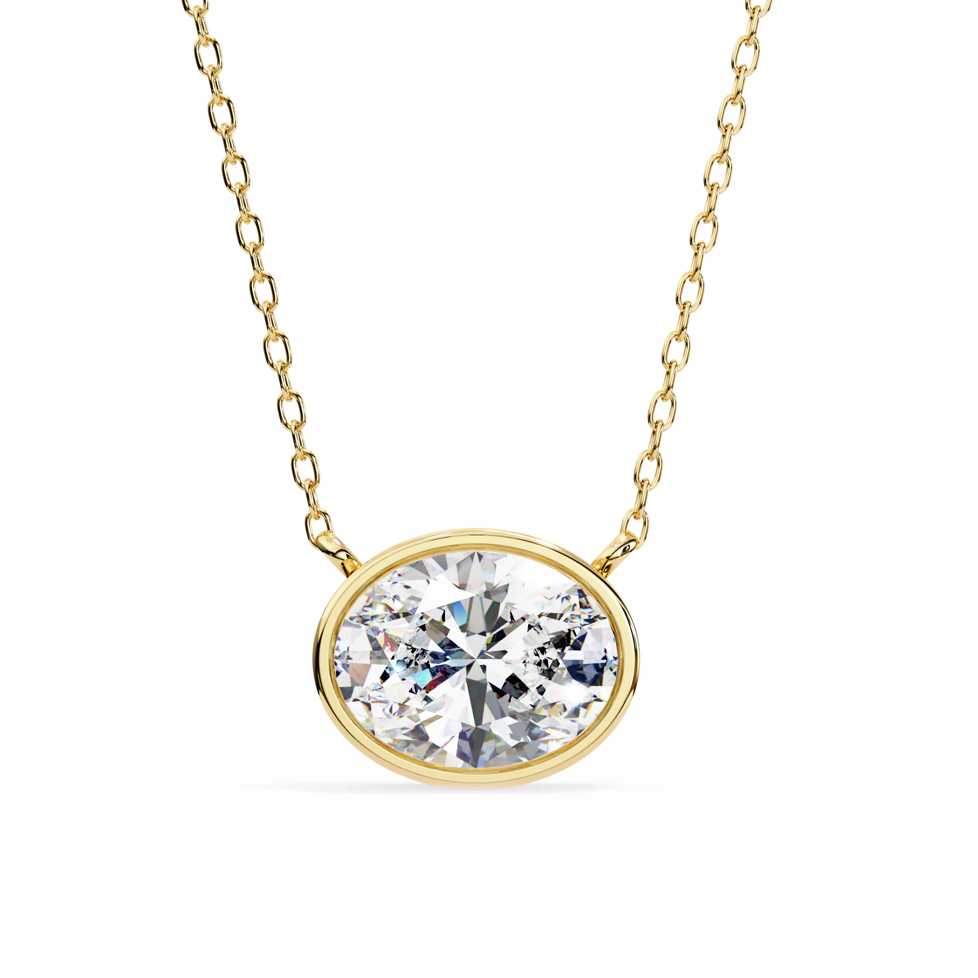Gold necklace with a oval diamond pendant on a white background