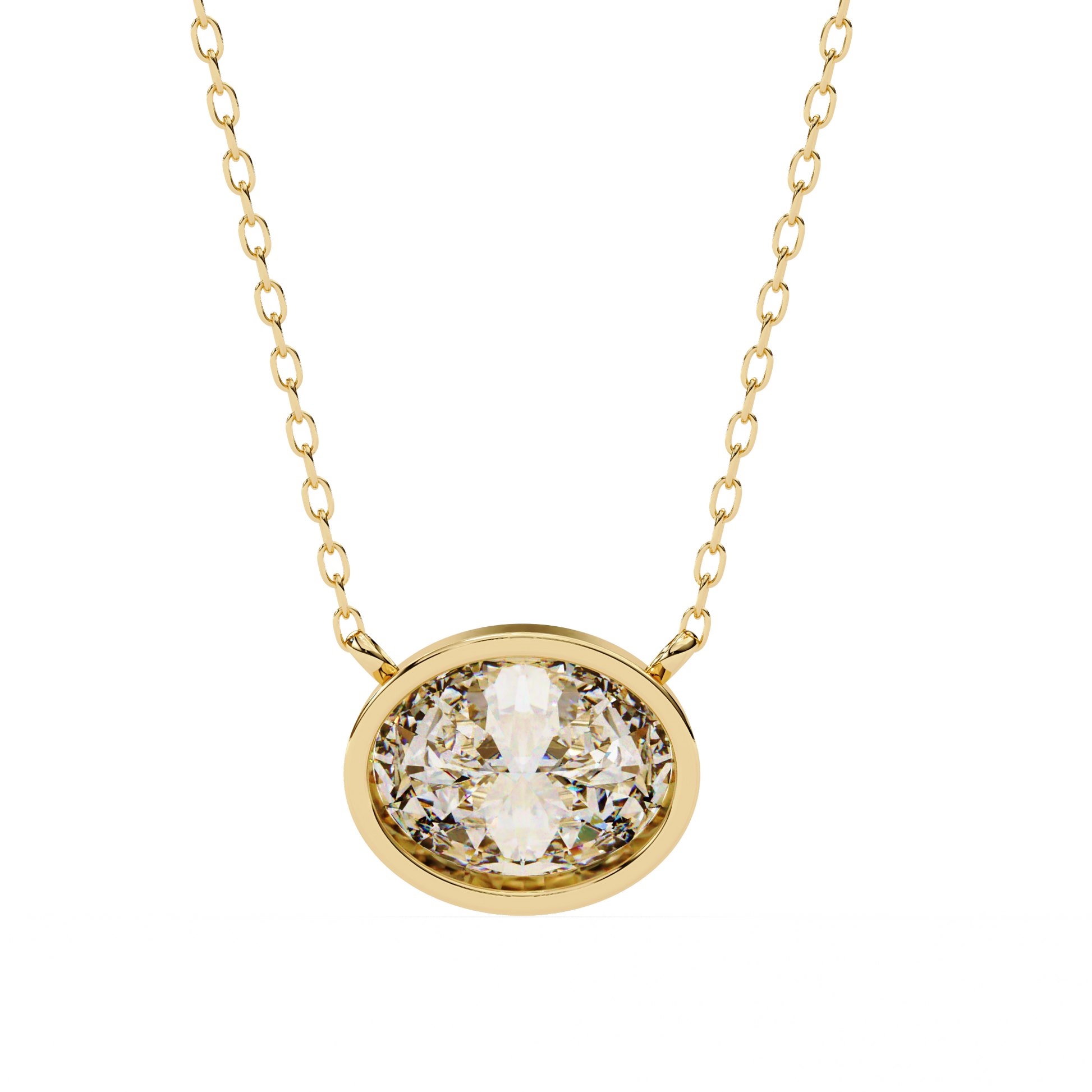 Gold necklace with a oval diamond pendant on a white background