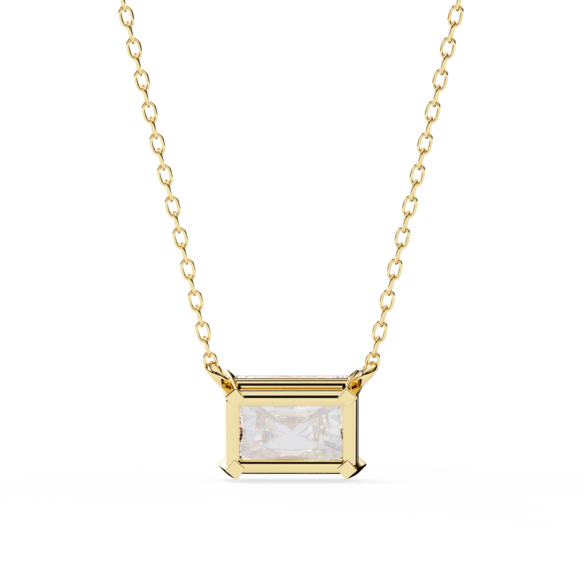Radiant-cut diamond set horizontally in a secure 18K Gold bezel