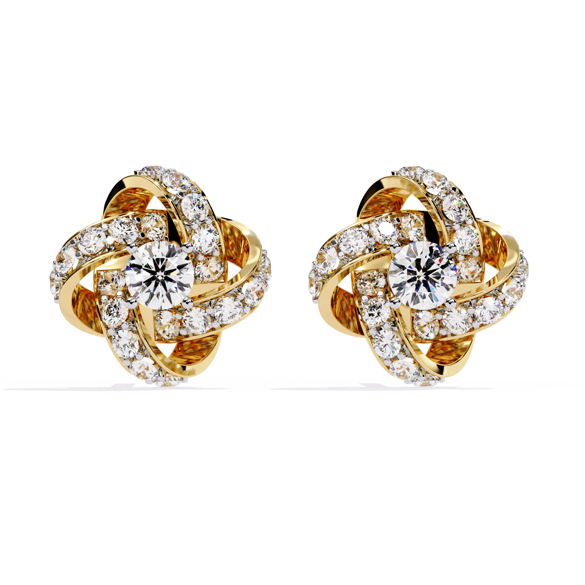 Pair of gold and diamond earrings on a white background