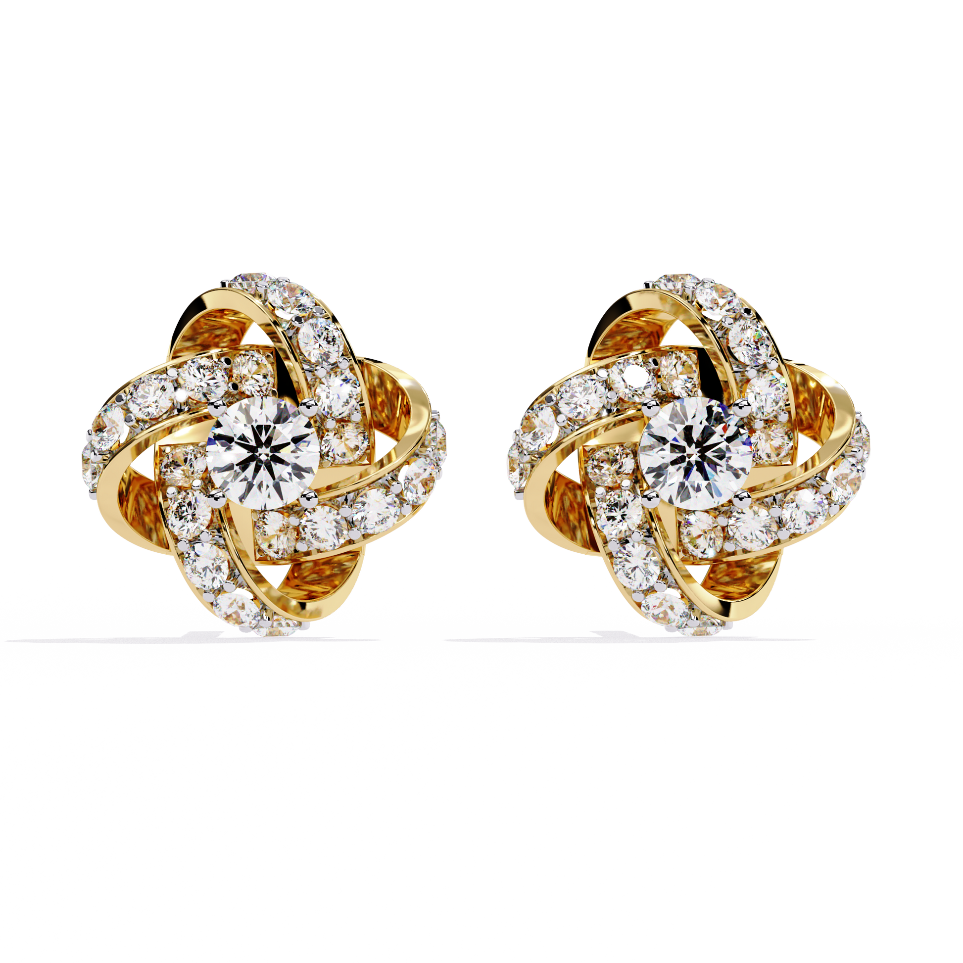 Pair of gold and diamond earrings on a white background