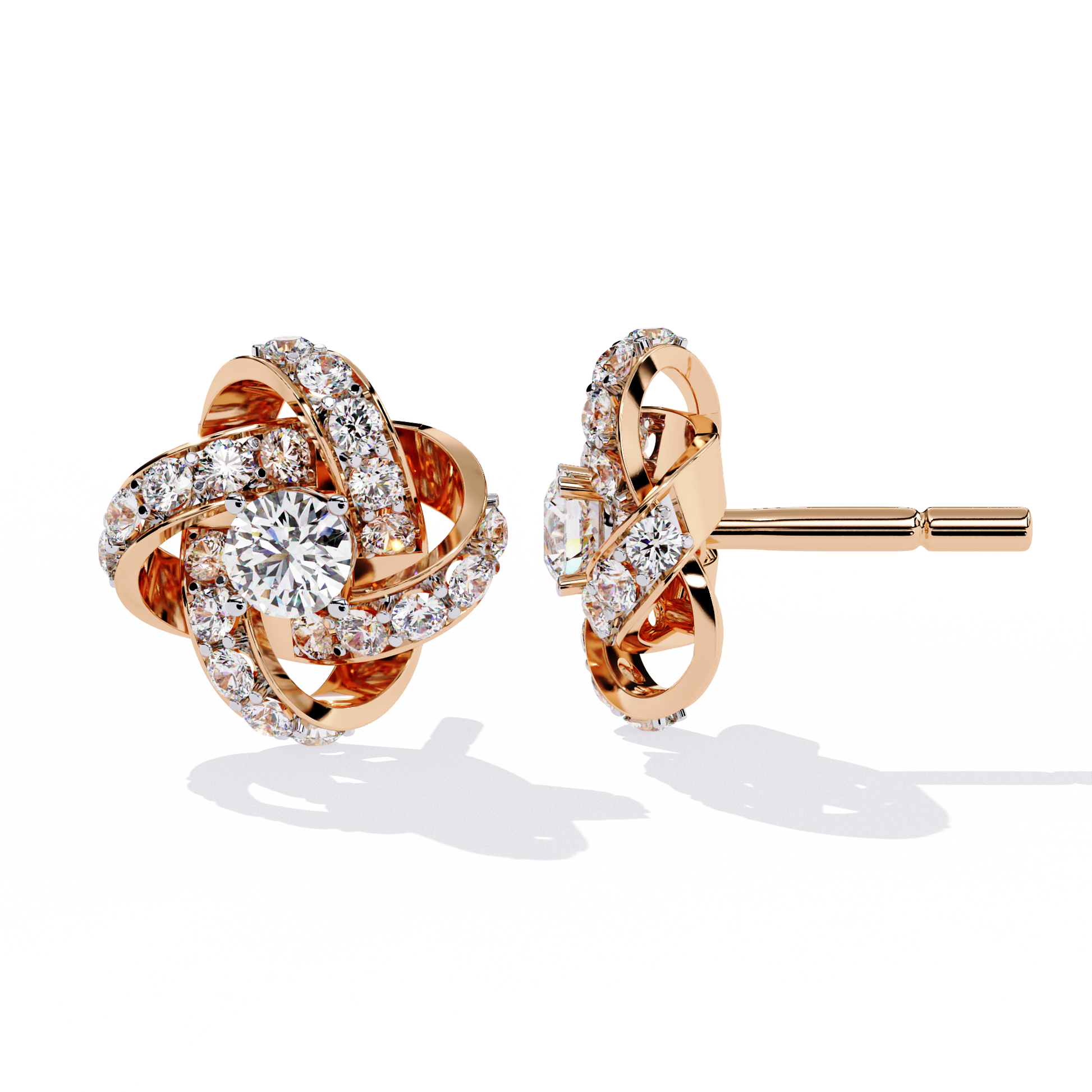 Rose gold earrings with diamond accents on a white background