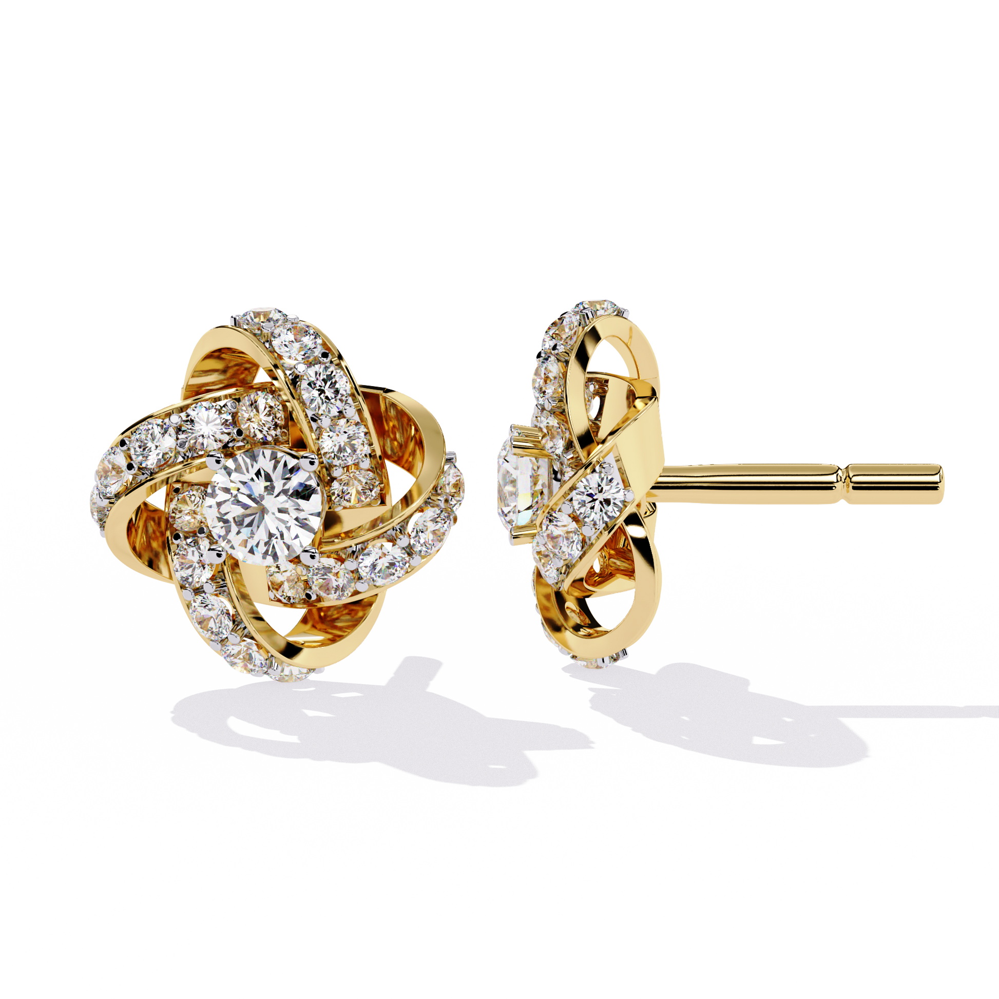 Gold earrings with diamond accents on a white background