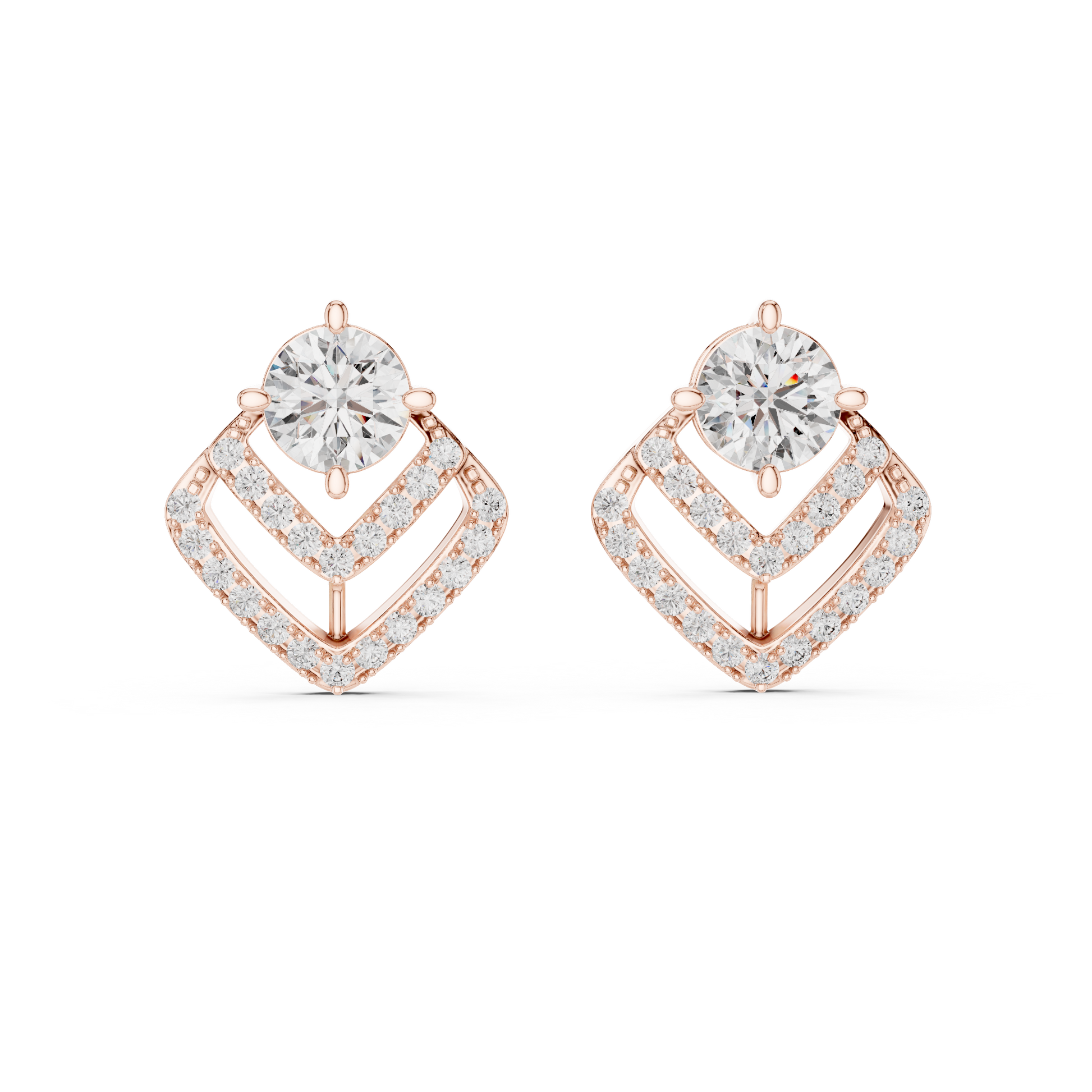 Rose Gold earrings with diamonds on a white background