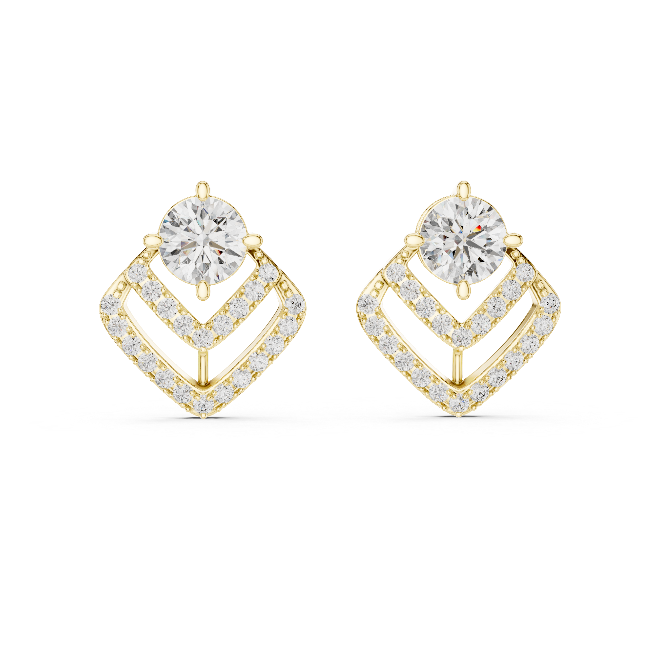 Gold earrings with diamonds on a white background