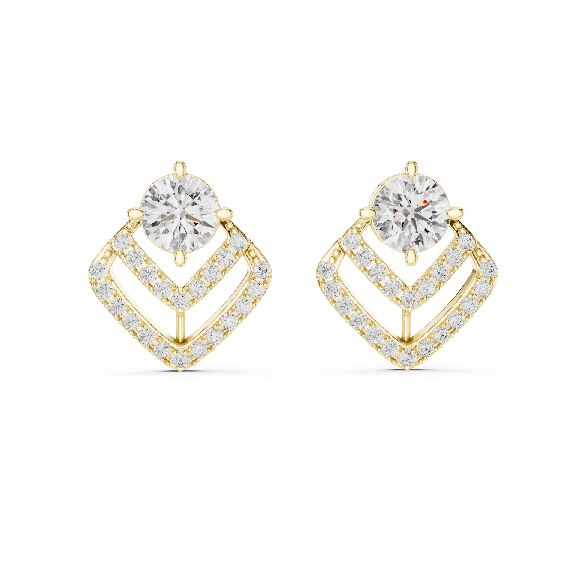Gold earrings with diamonds on a white background