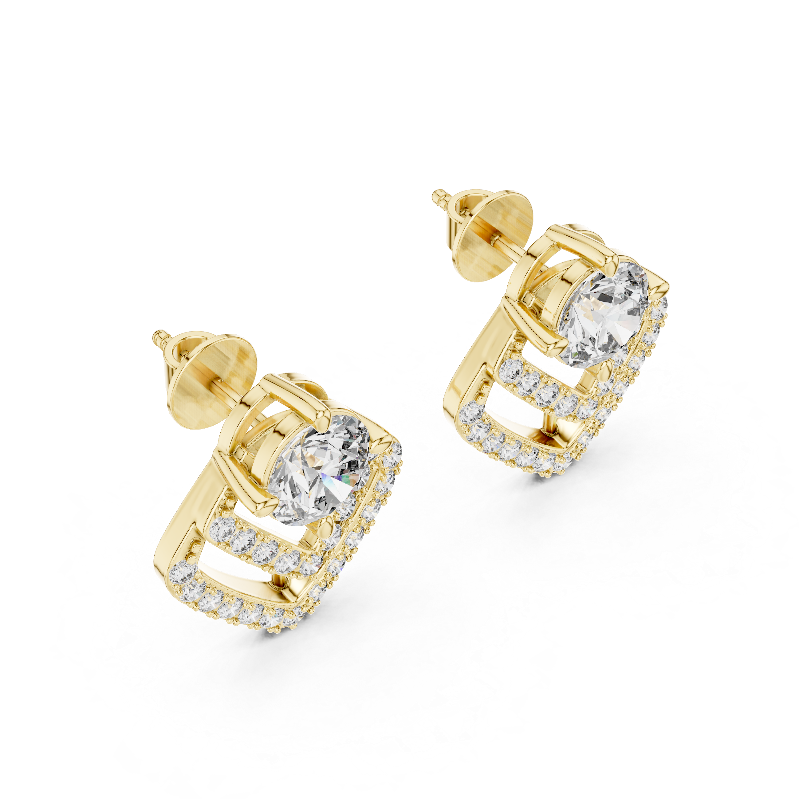 Gold earrings with diamonds on a white background