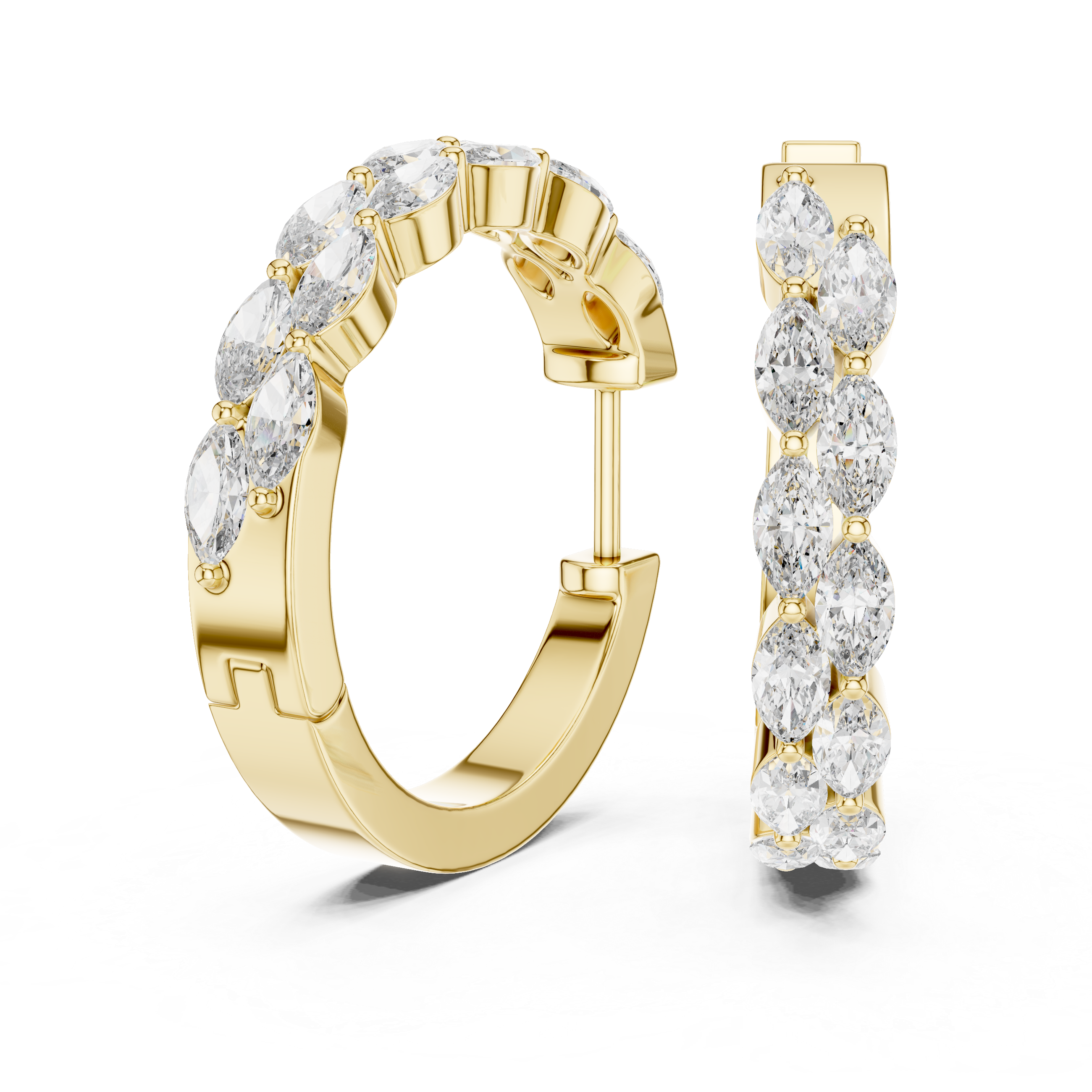 Gold hoop earrings with diamonds on a white background