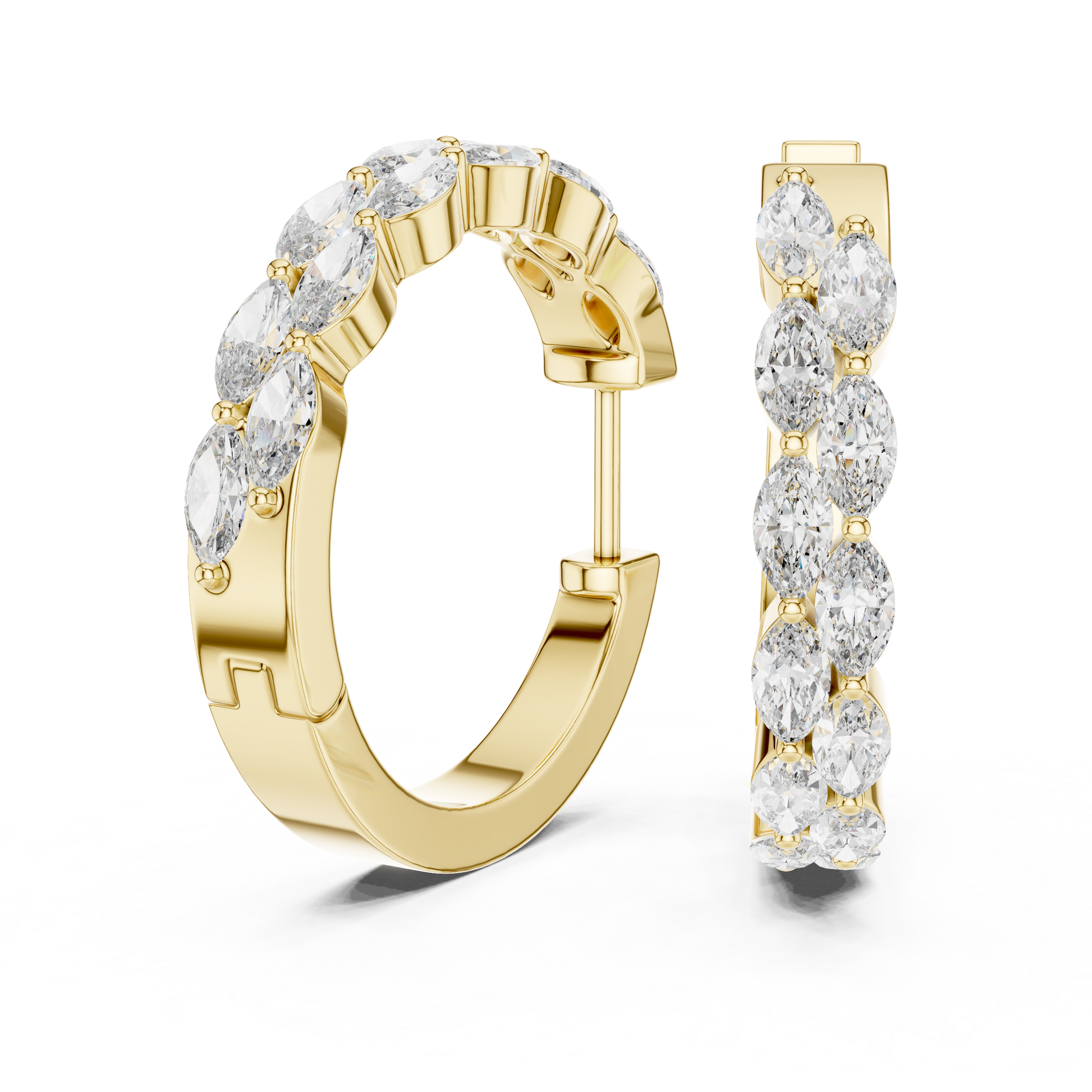 Gold hoop earrings with diamonds on a white background
