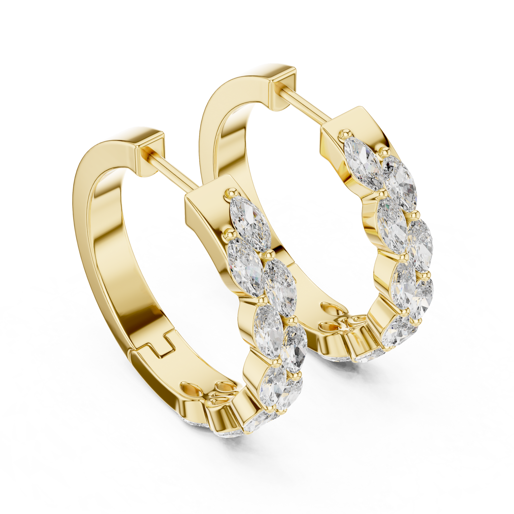 Gold hoop earrings with diamonds on a white background