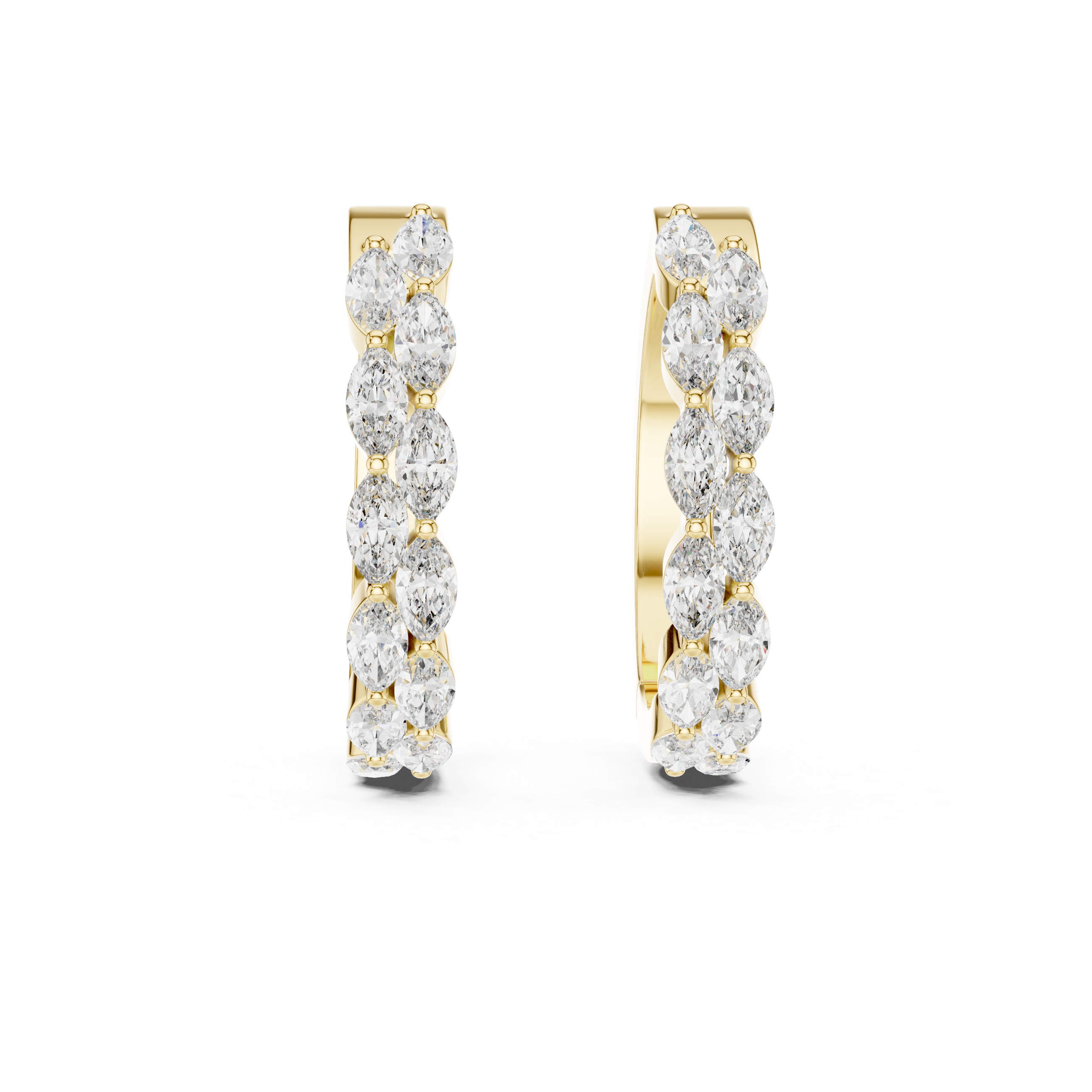 Gold hoop earrings with diamonds on a white background