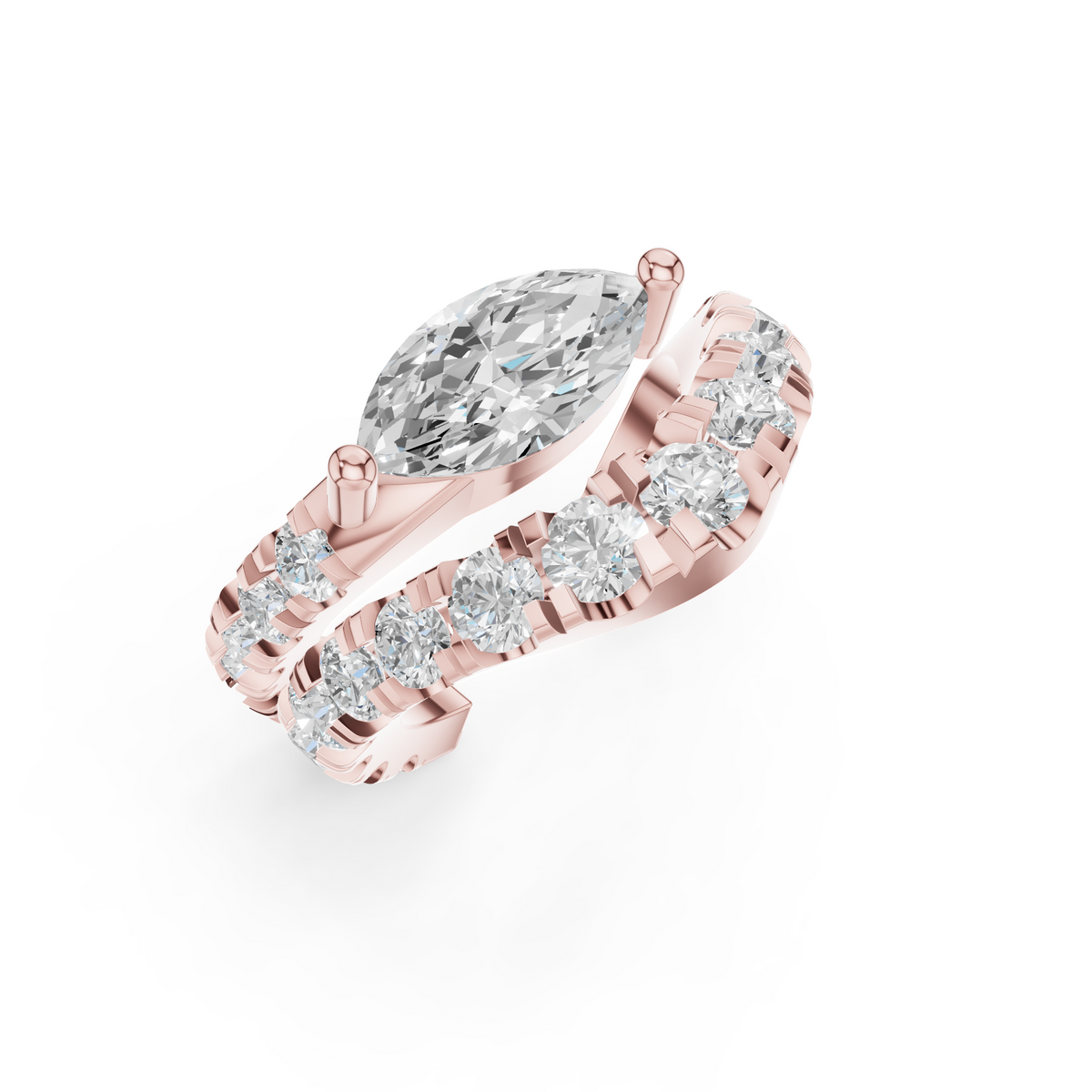 A single 0.46ct marquise diamond ear cuff surrounded by a graduated pavé halo, set in 14K rose gold.