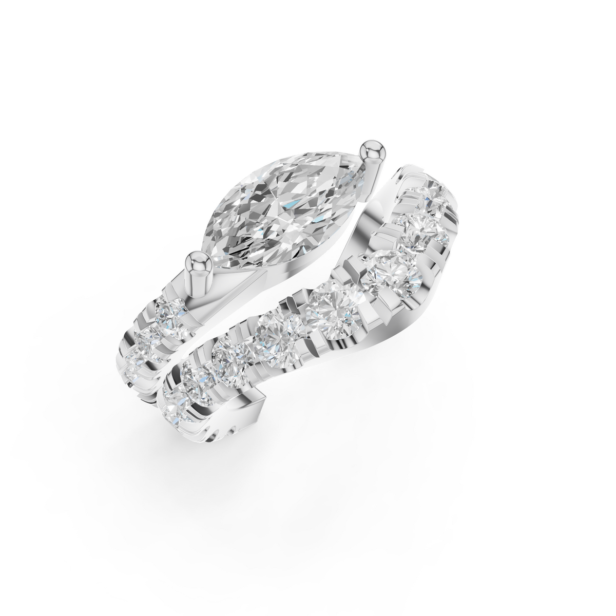 A single 0.46ct marquise diamond ear cuff surrounded by a graduated pavé halo, set in 14K white gold.