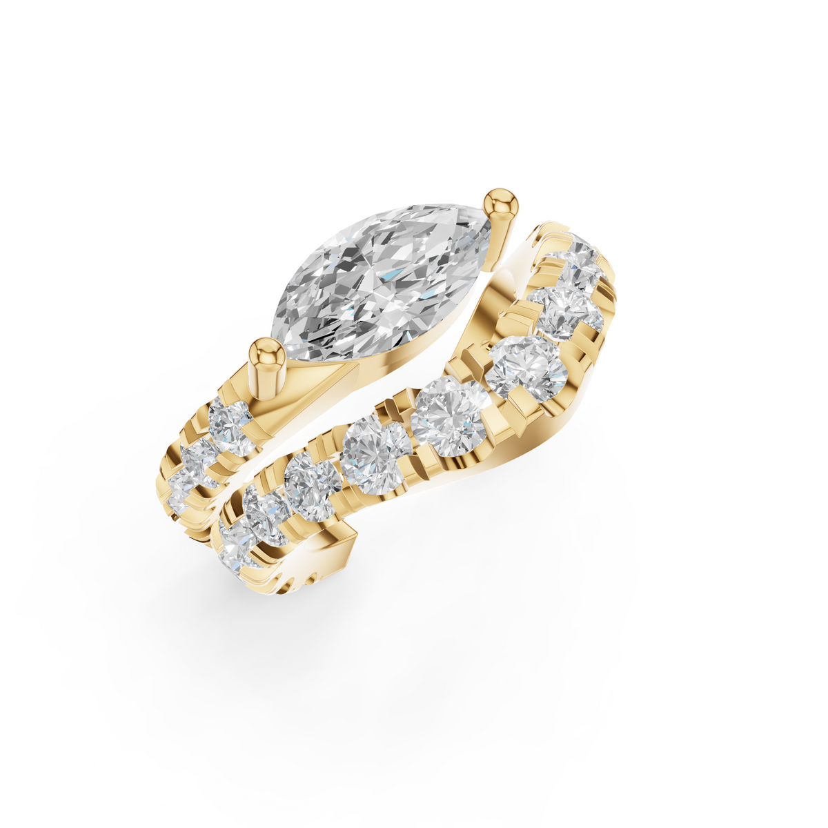 A single 0.46ct marquise diamond ear cuff surrounded by a graduated pavé halo, set in 14K yellow gold.
