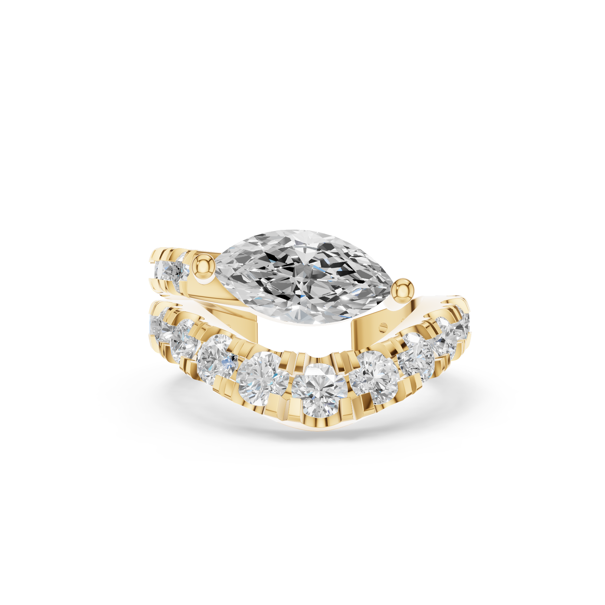 A single 0.46ct marquise diamond ear cuff surrounded by a graduated pavé halo, set in 14K yellow gold.