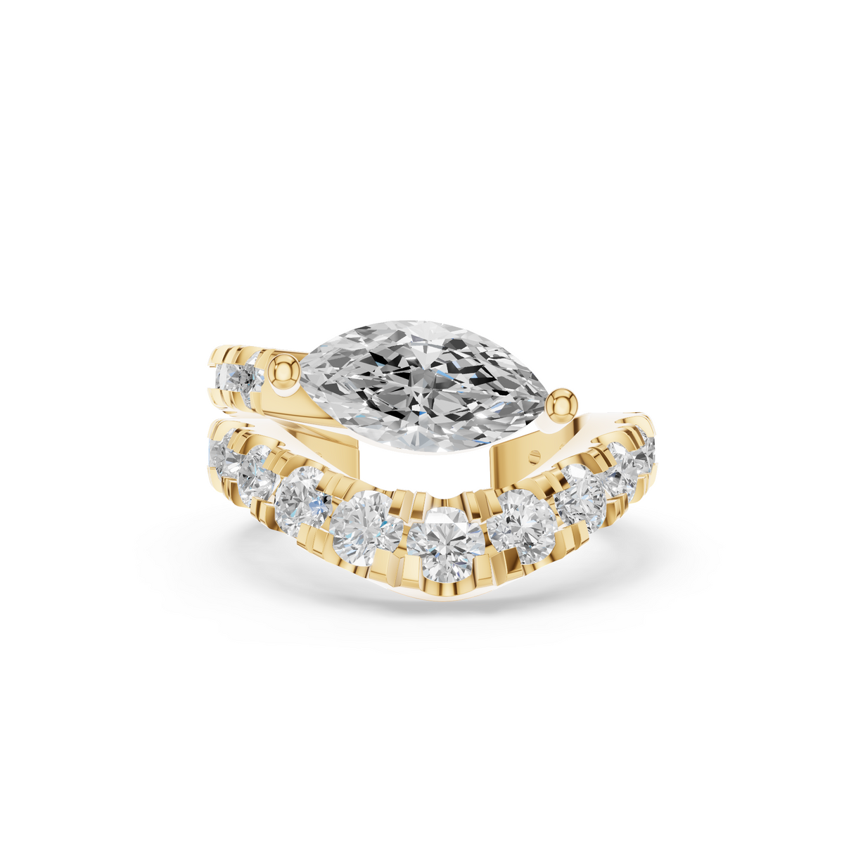 A single 0.46ct marquise diamond ear cuff surrounded by a graduated pavé halo, set in 14K yellow gold.