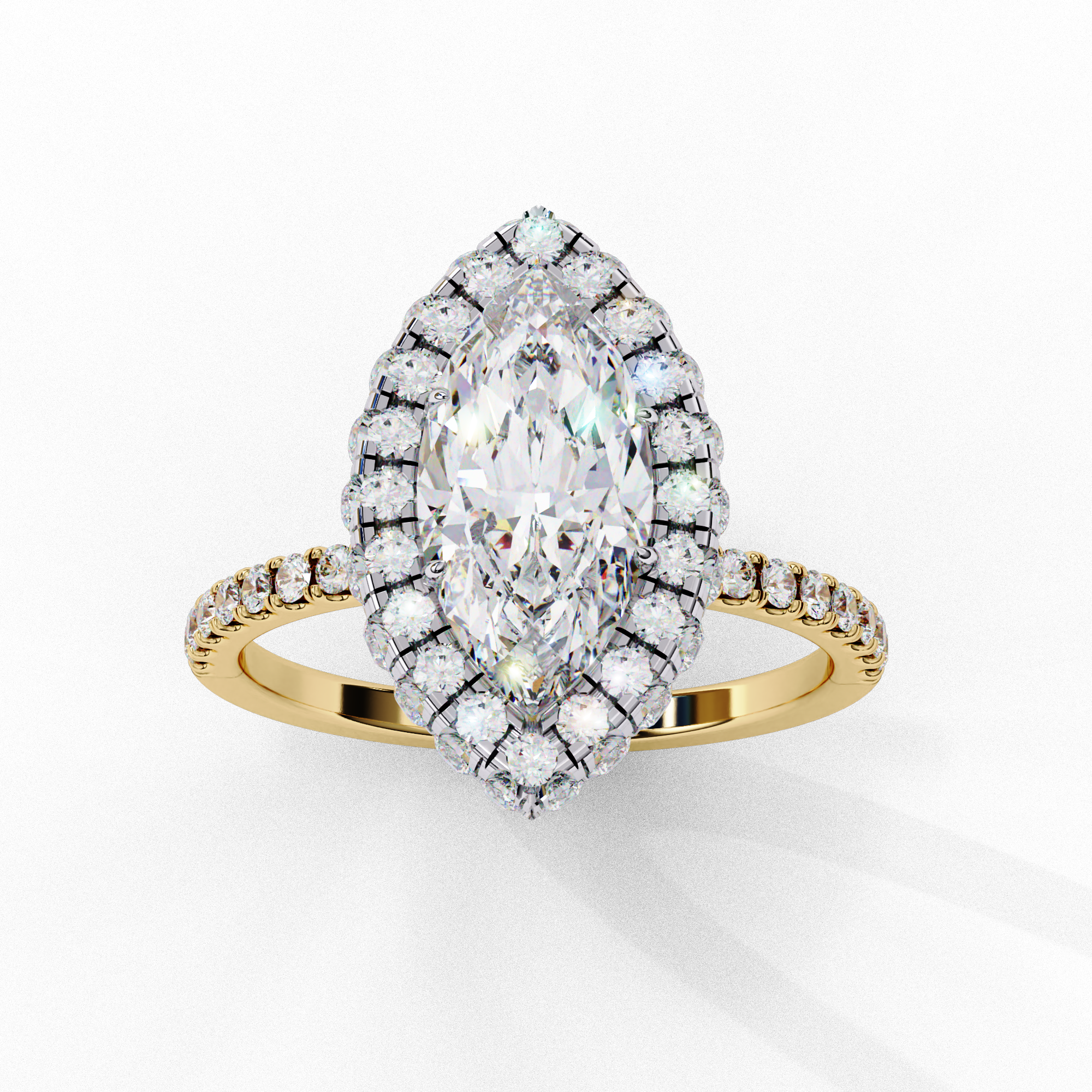 ring features a brilliant Marquise-cut solitaire encircled by a seamless halo of shimmering diamonds