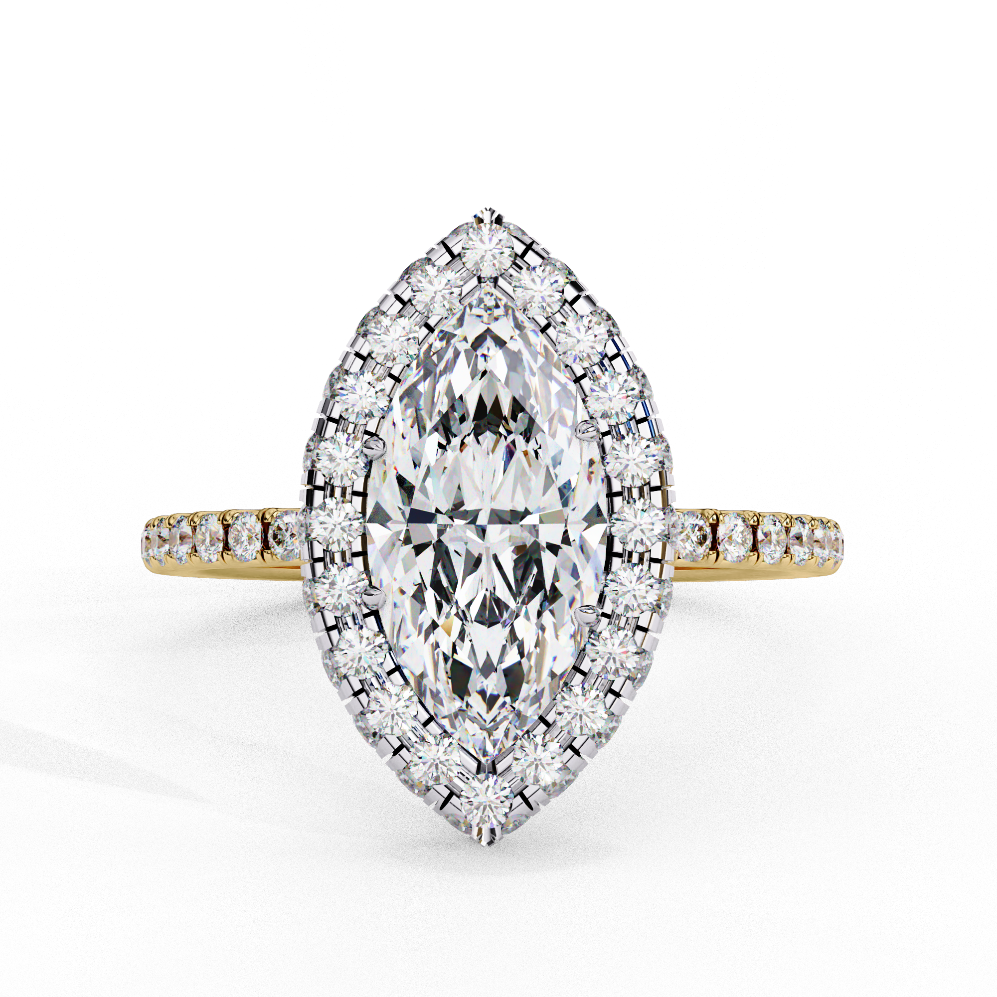 ring features a brilliant Marquise-cut solitaire encircled by a seamless halo of shimmering diamonds