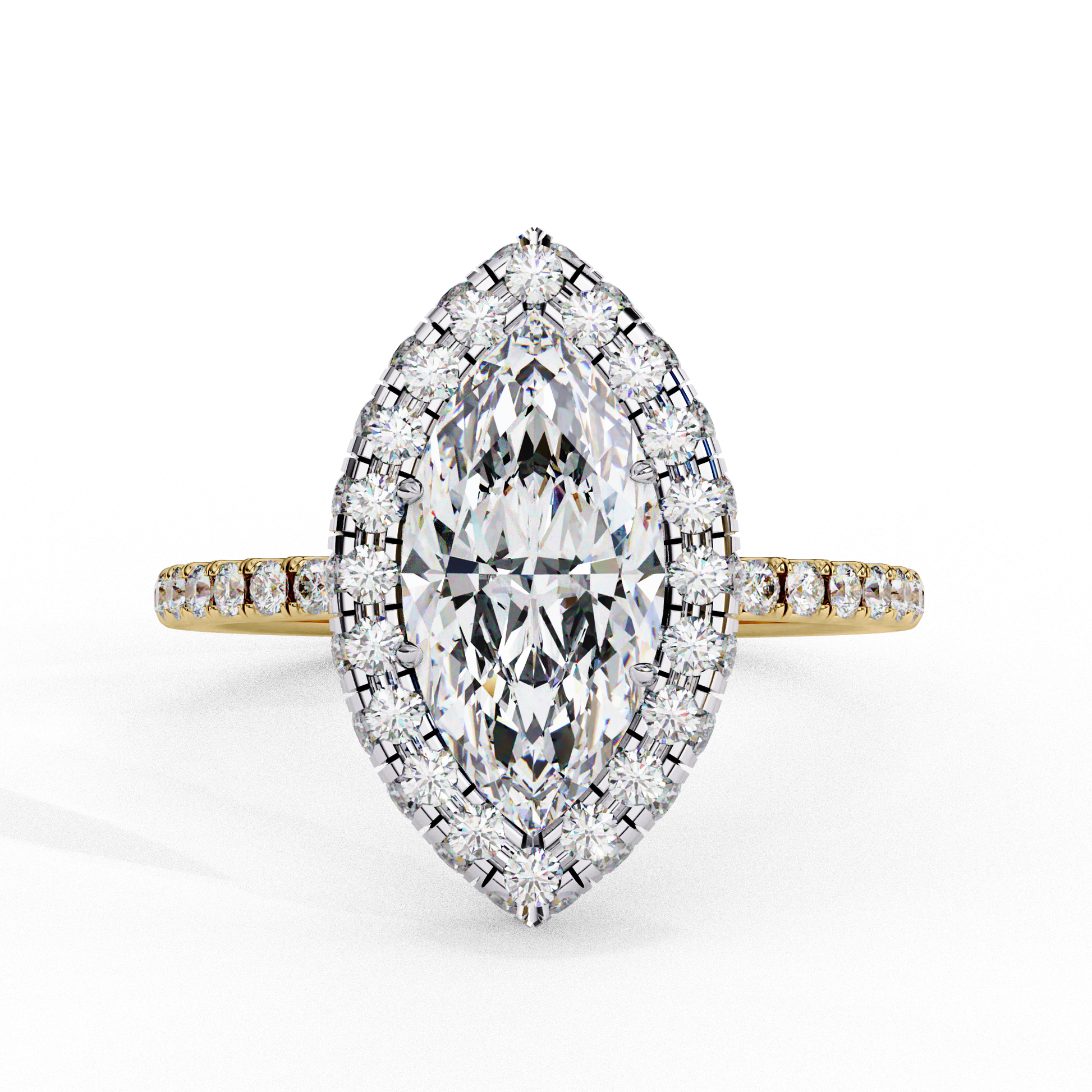 ring features a brilliant Marquise-cut solitaire encircled by a seamless halo of shimmering diamonds