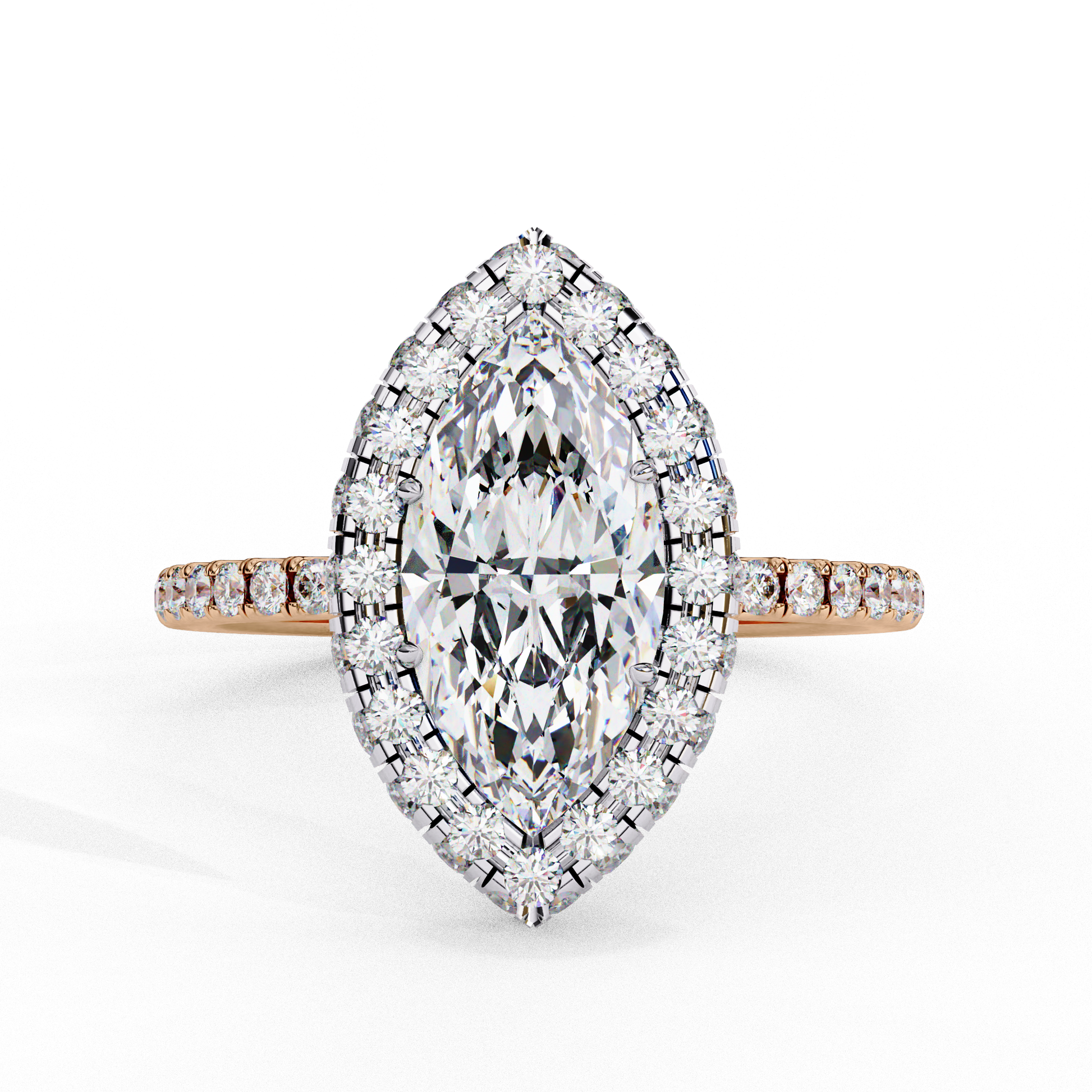 ring features a brilliant Marquise-cut solitaire encircled by a seamless halo of shimmering diamonds