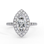 ring features a brilliant Marquise-cut solitaire encircled by a seamless halo of shimmering diamonds