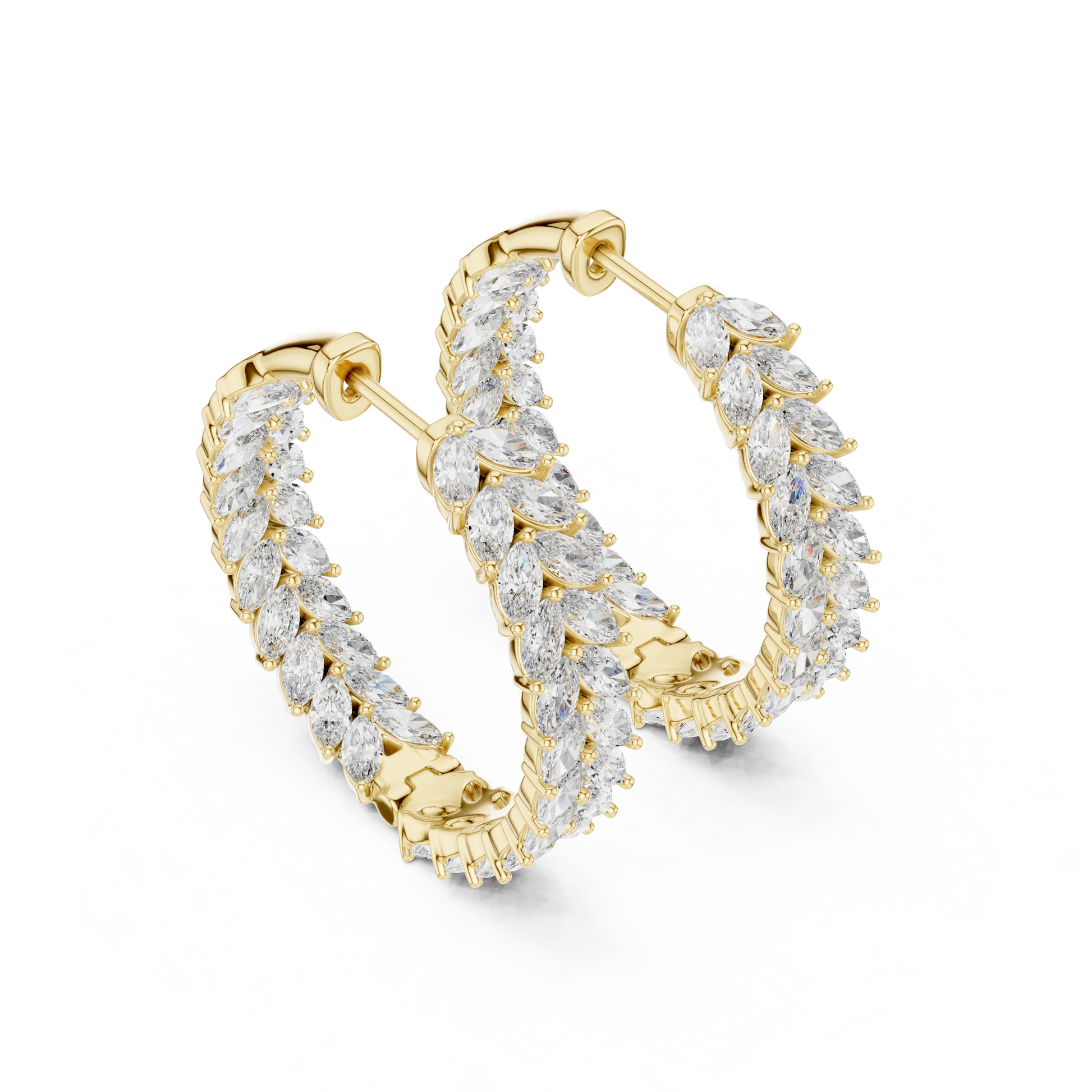 Pair of diamond hoop earrings on a white background