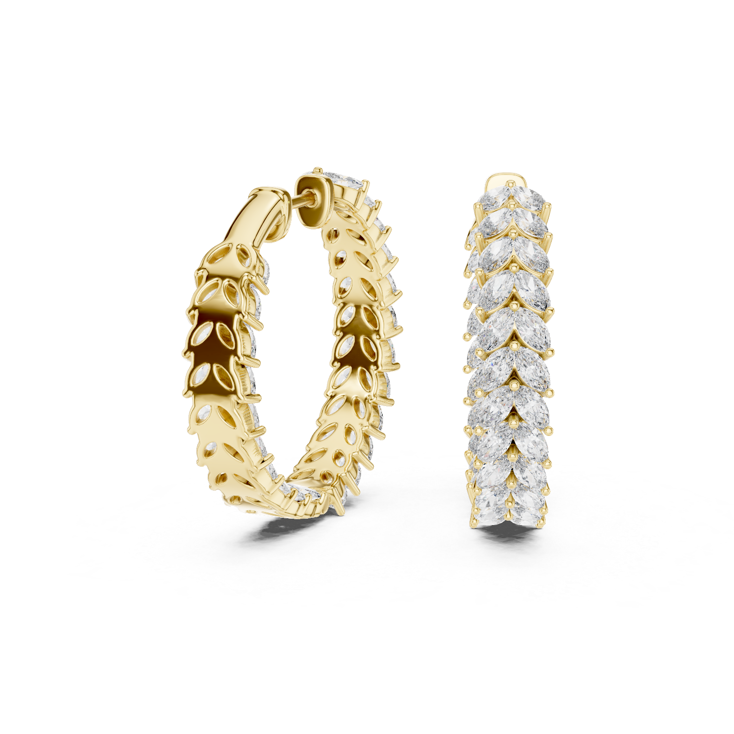 Gold hoop earrings with diamond accents on a white background