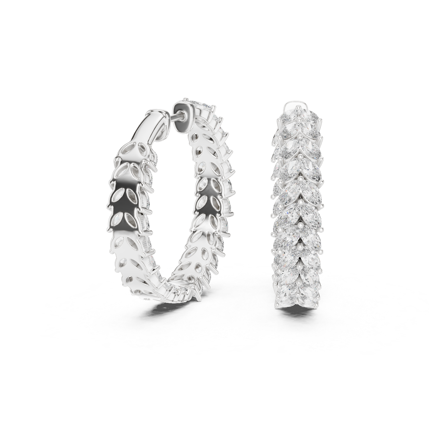 Pair of diamond hoop earrings on a white background