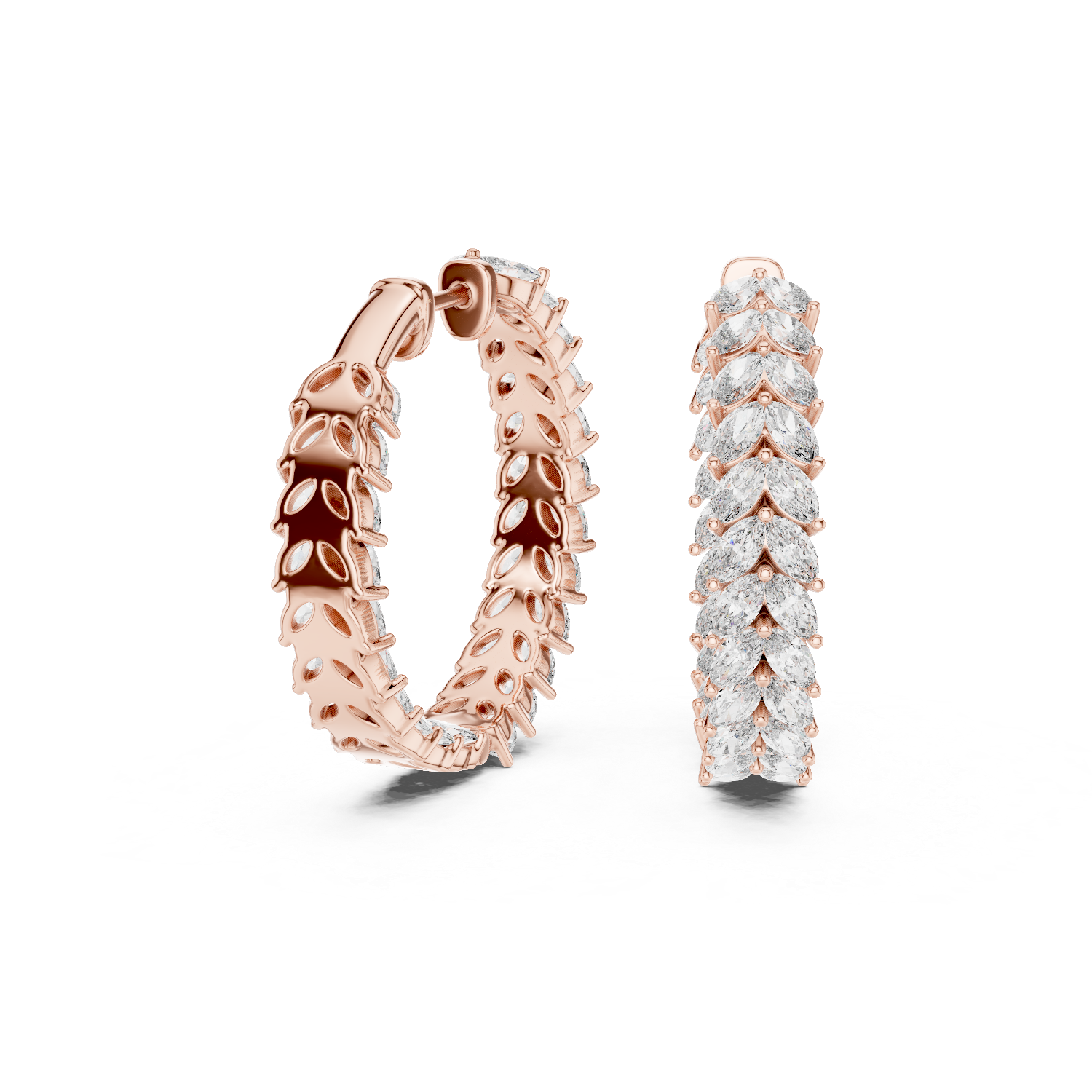 Rose gold hoop earrings with diamond accents on a white background