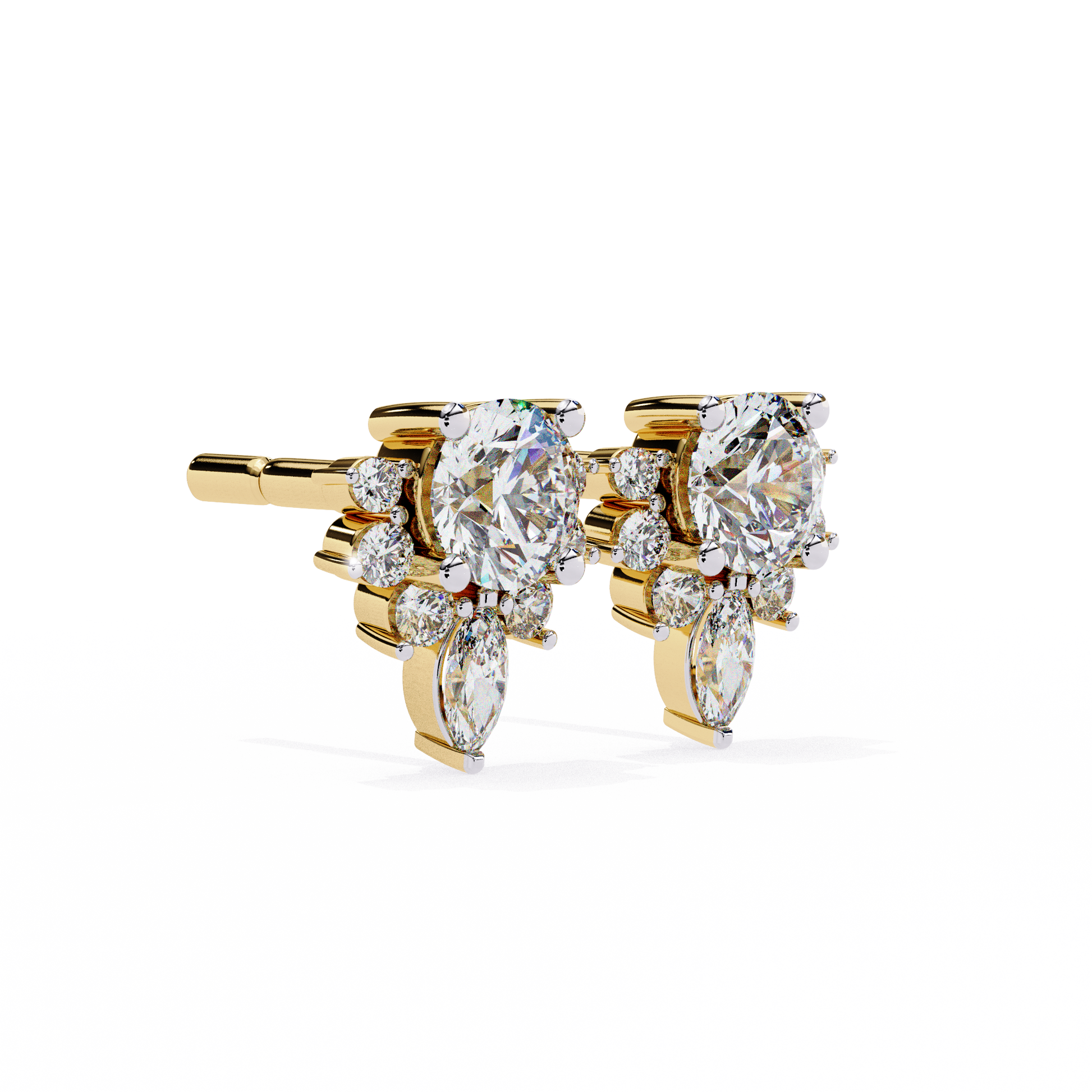Gold earrings with clear gemstones on a white background