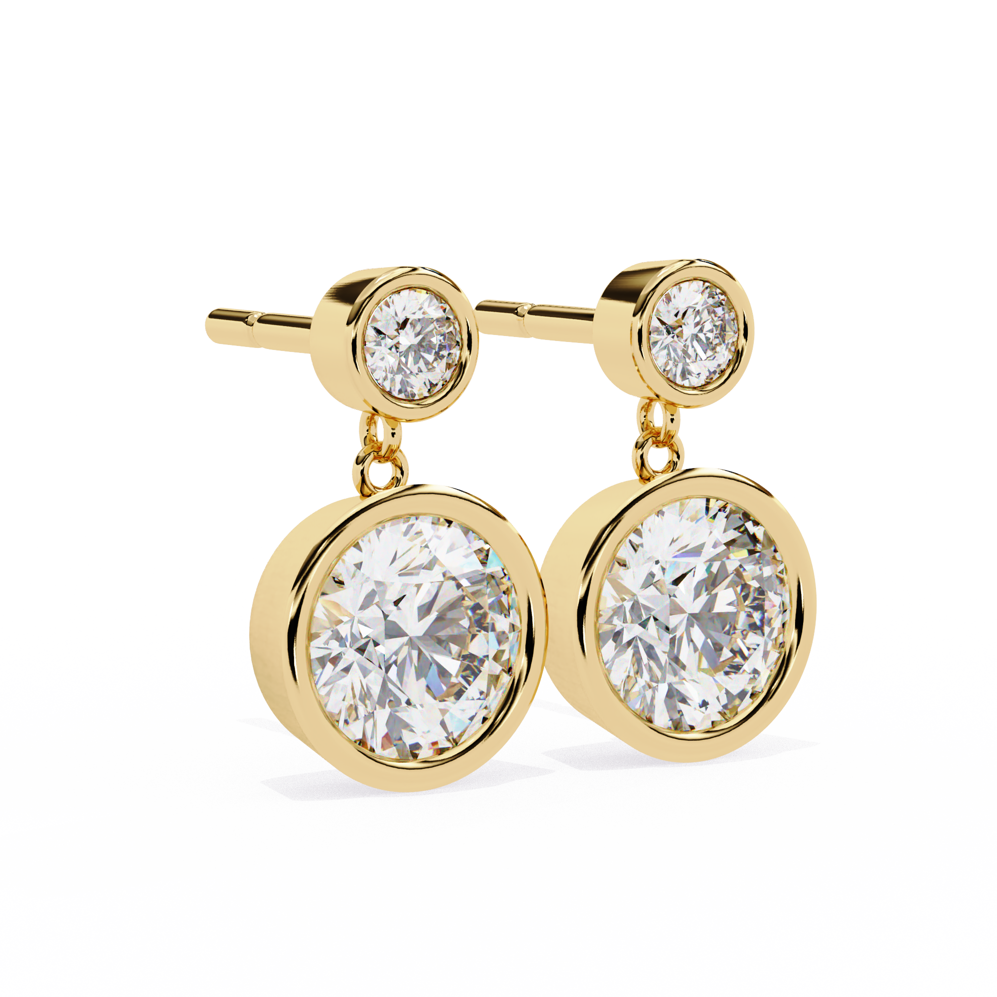 Gold earrings with large diamonds on a white background