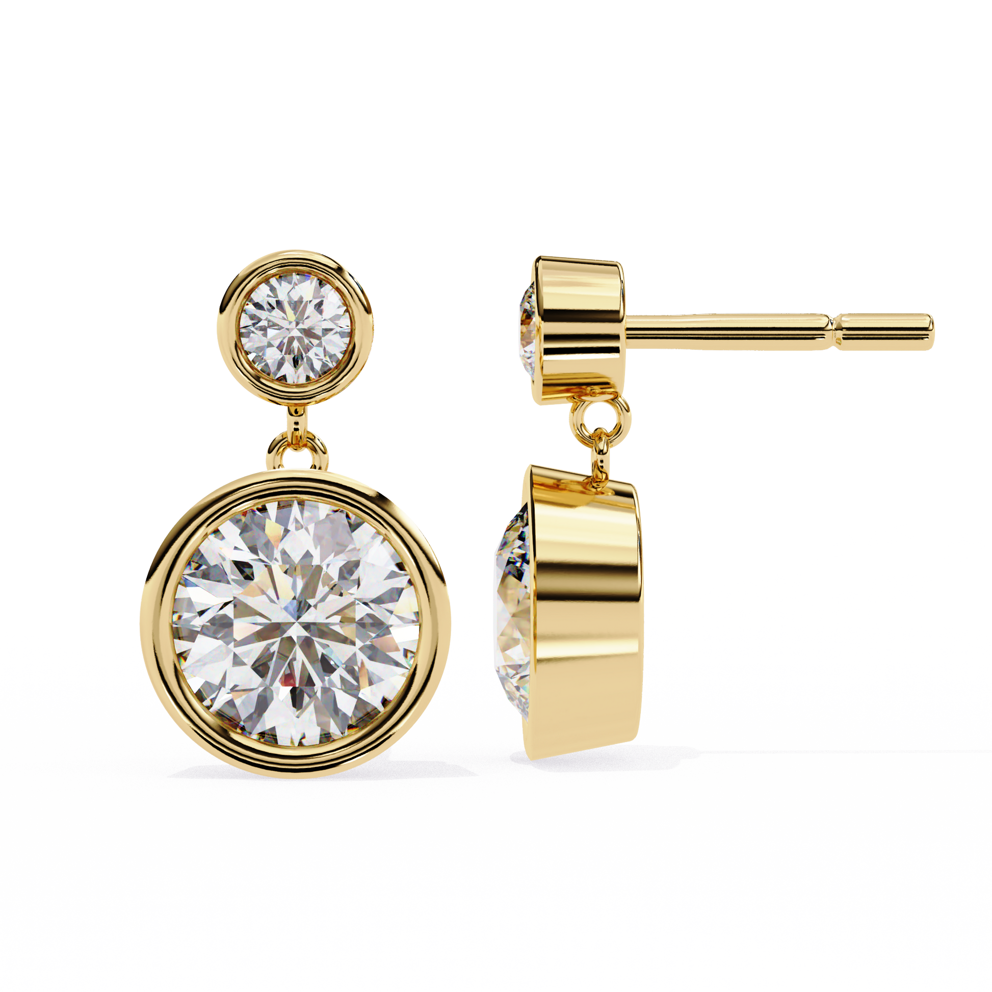 Gold earrings with large diamonds on a white background