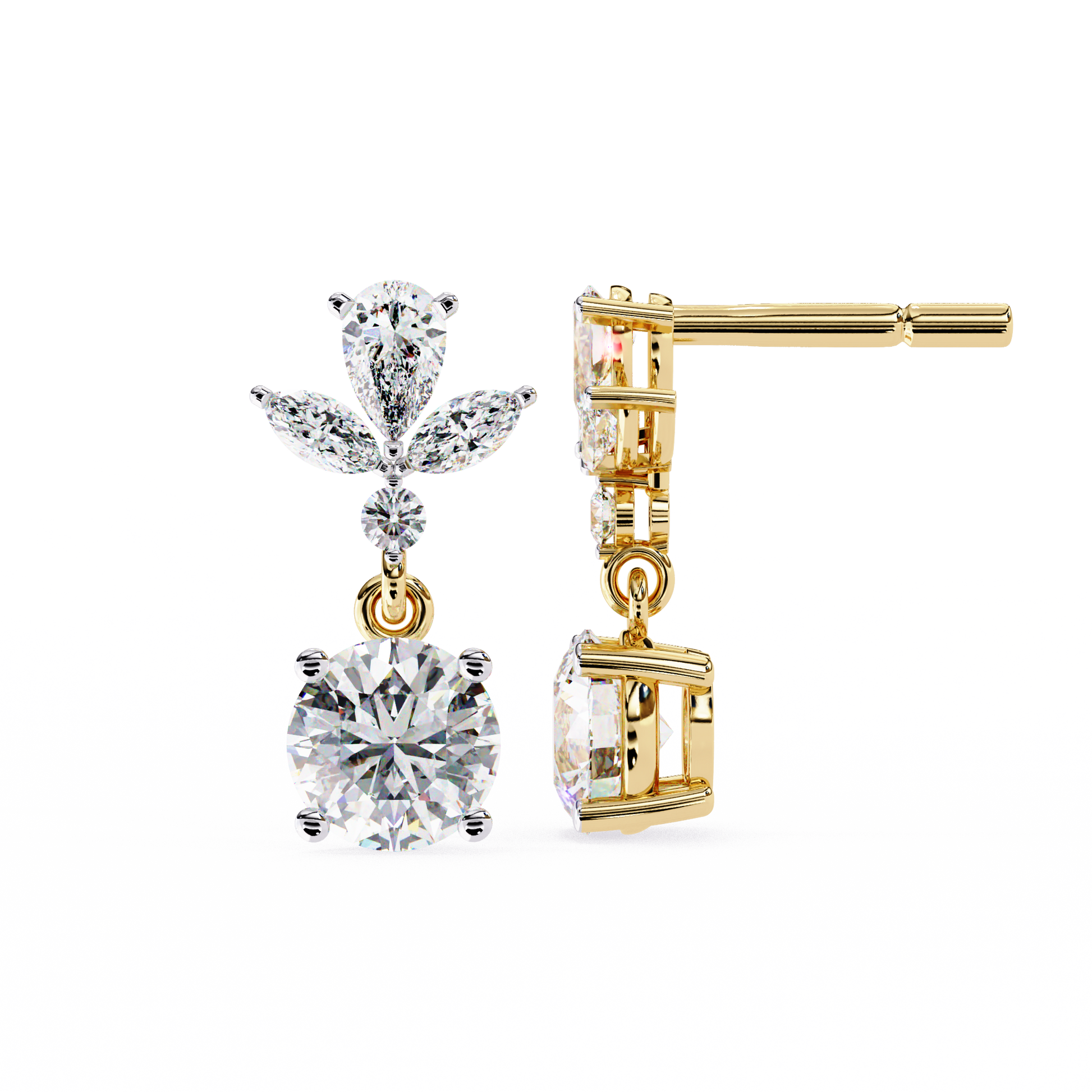 Pair of diamond earrings with gold accents on a white background