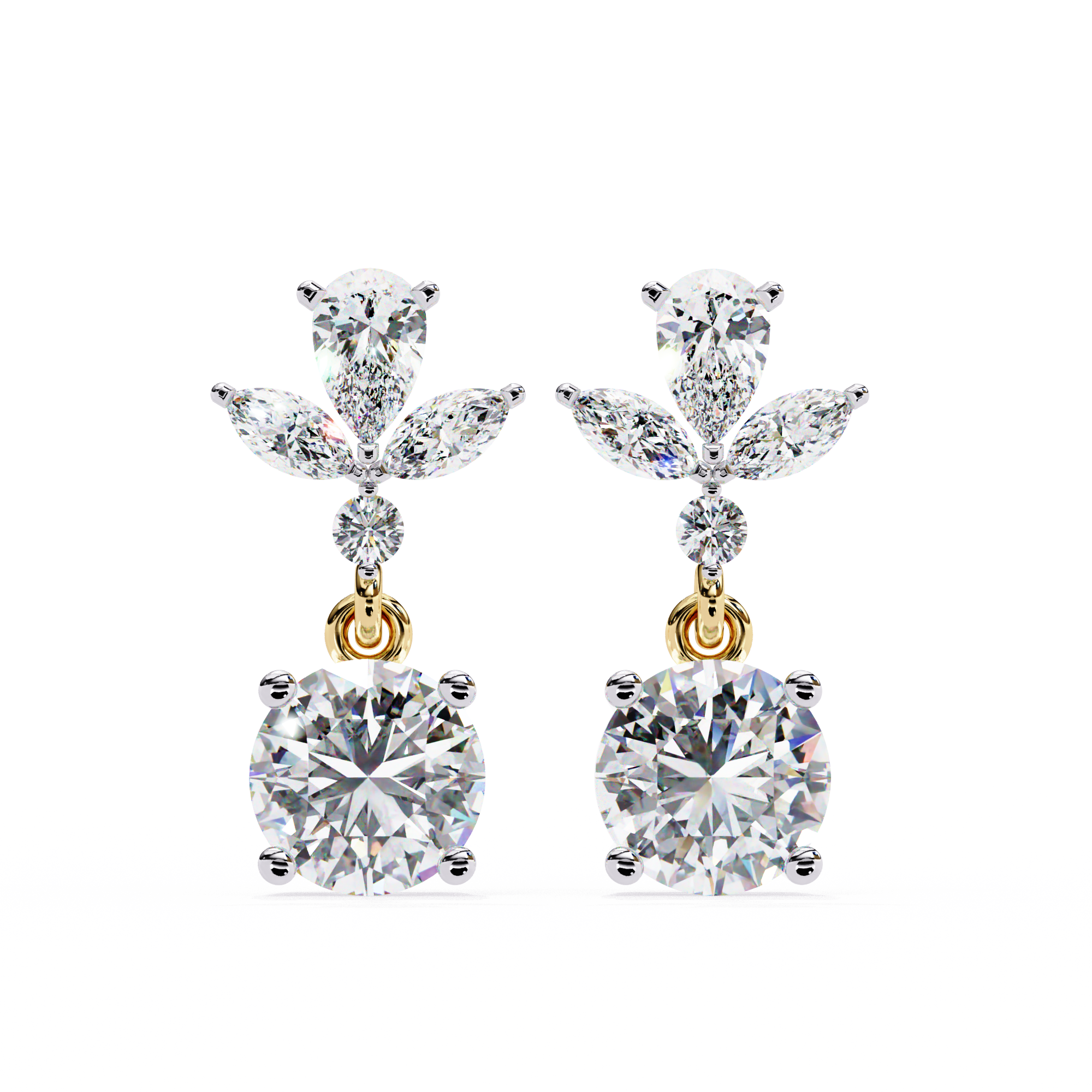 Pair of diamond earrings with gold accents on a white background