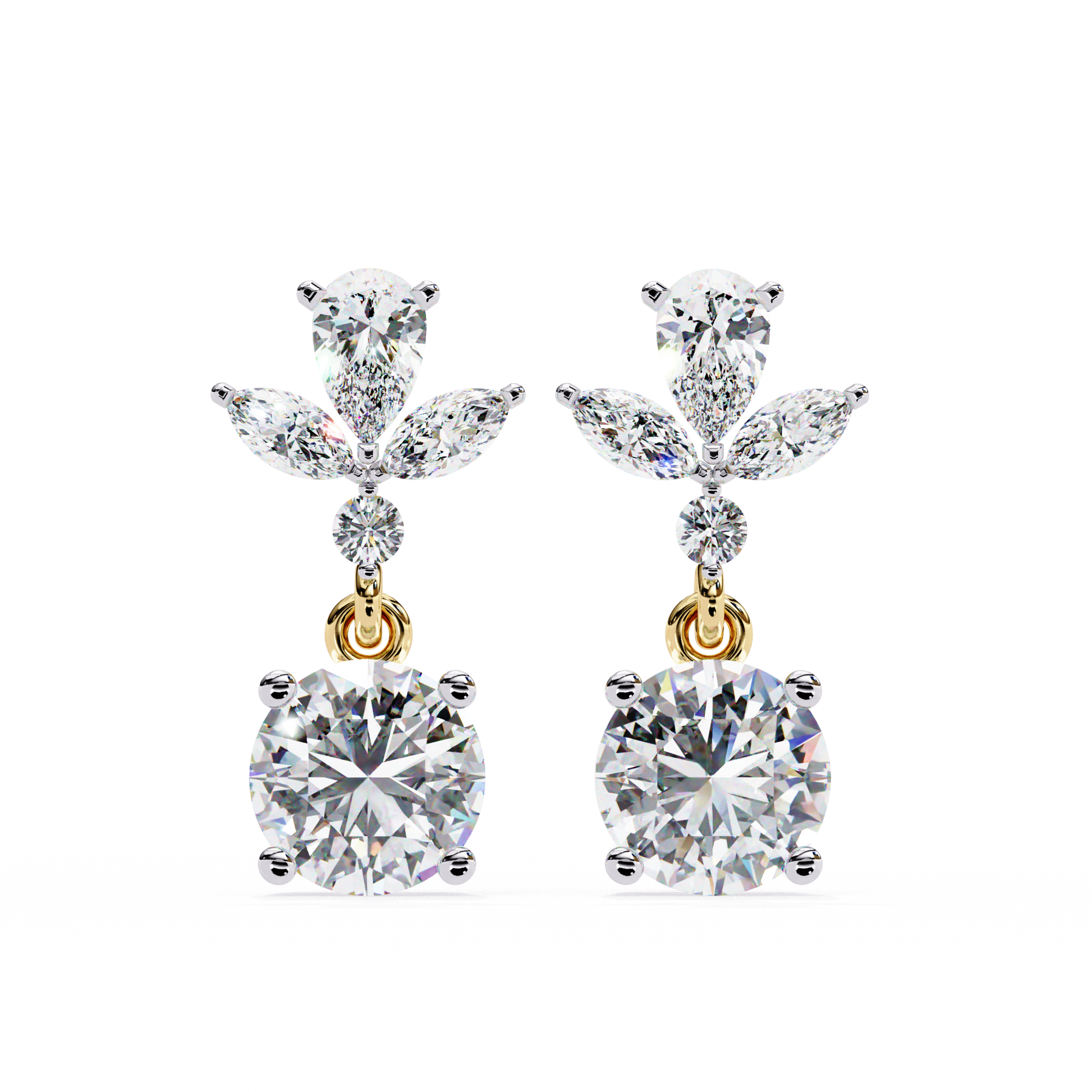 Pair of diamond earrings with gold accents on a white background