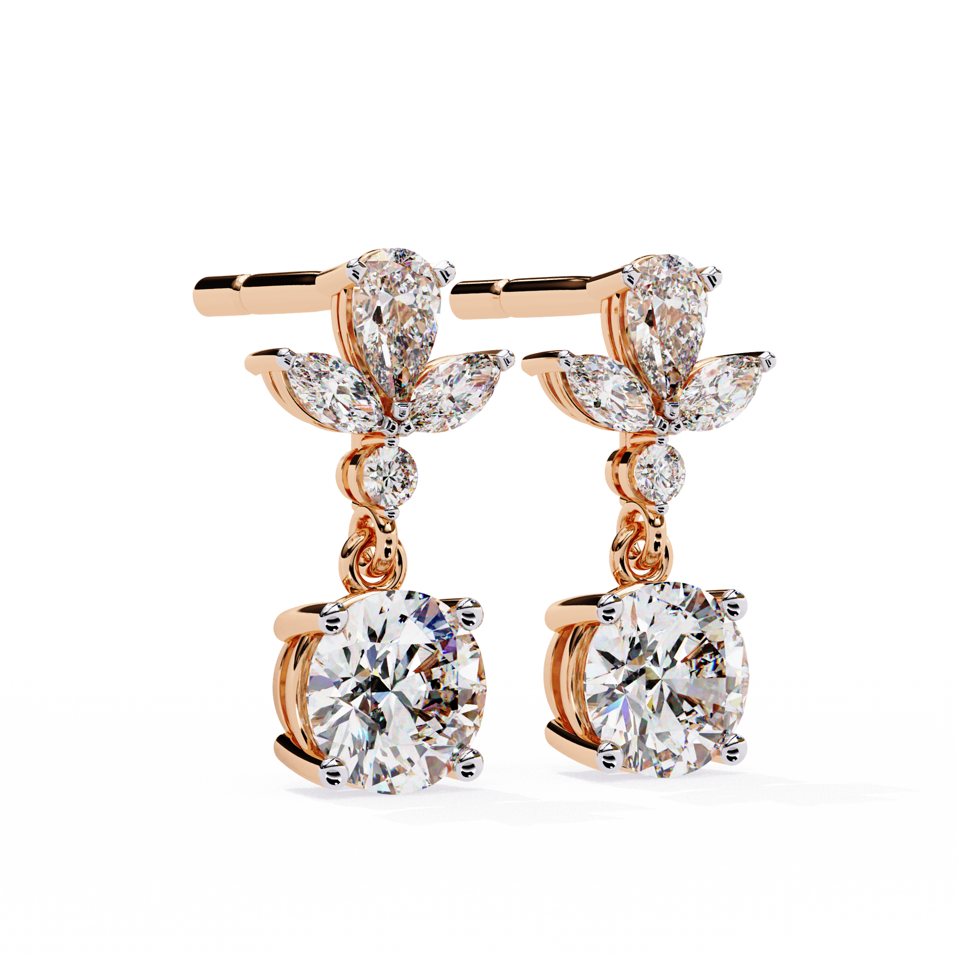 Pair of diamond earrings with gold accents on a white background