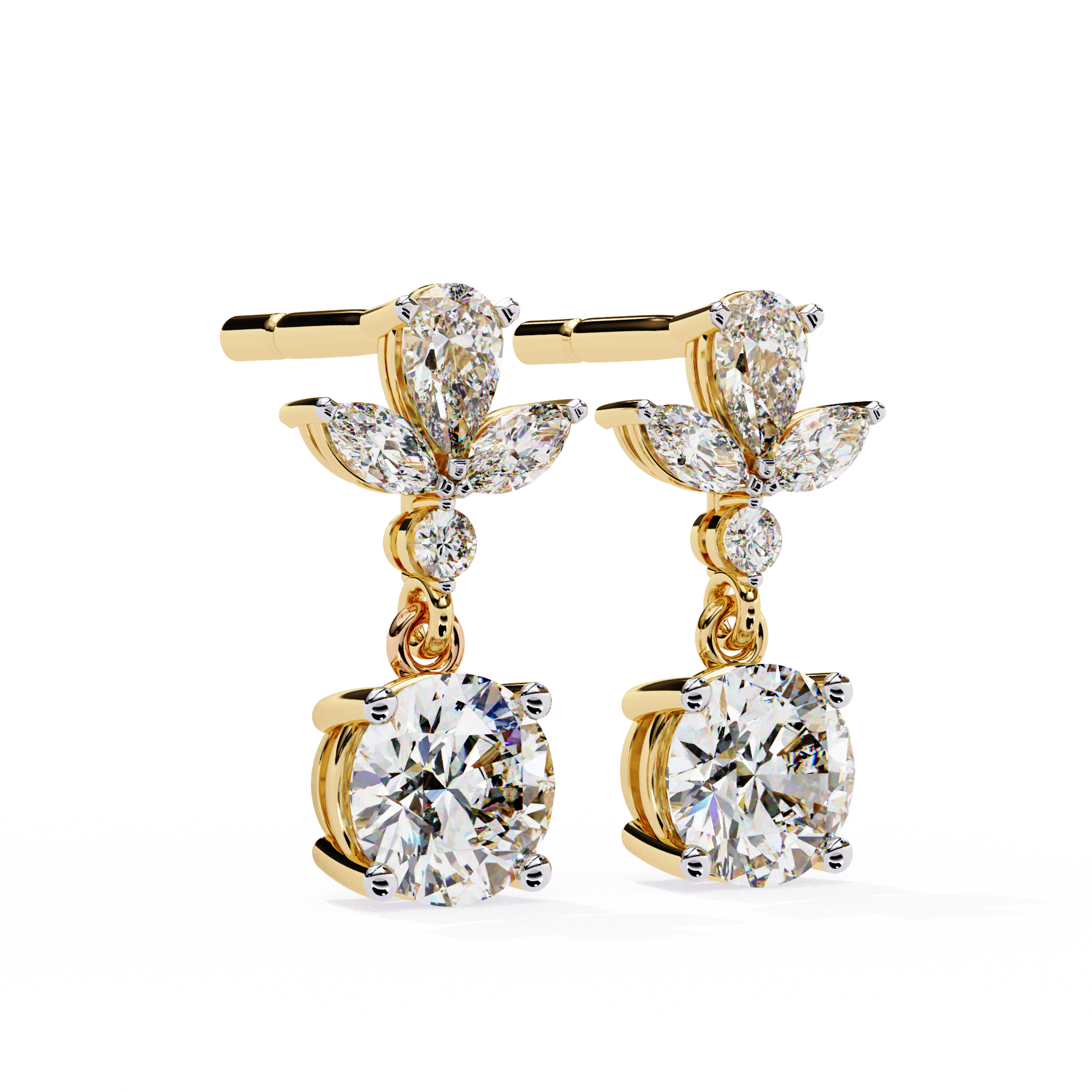 Pair of diamond earrings with gold accents on a white background