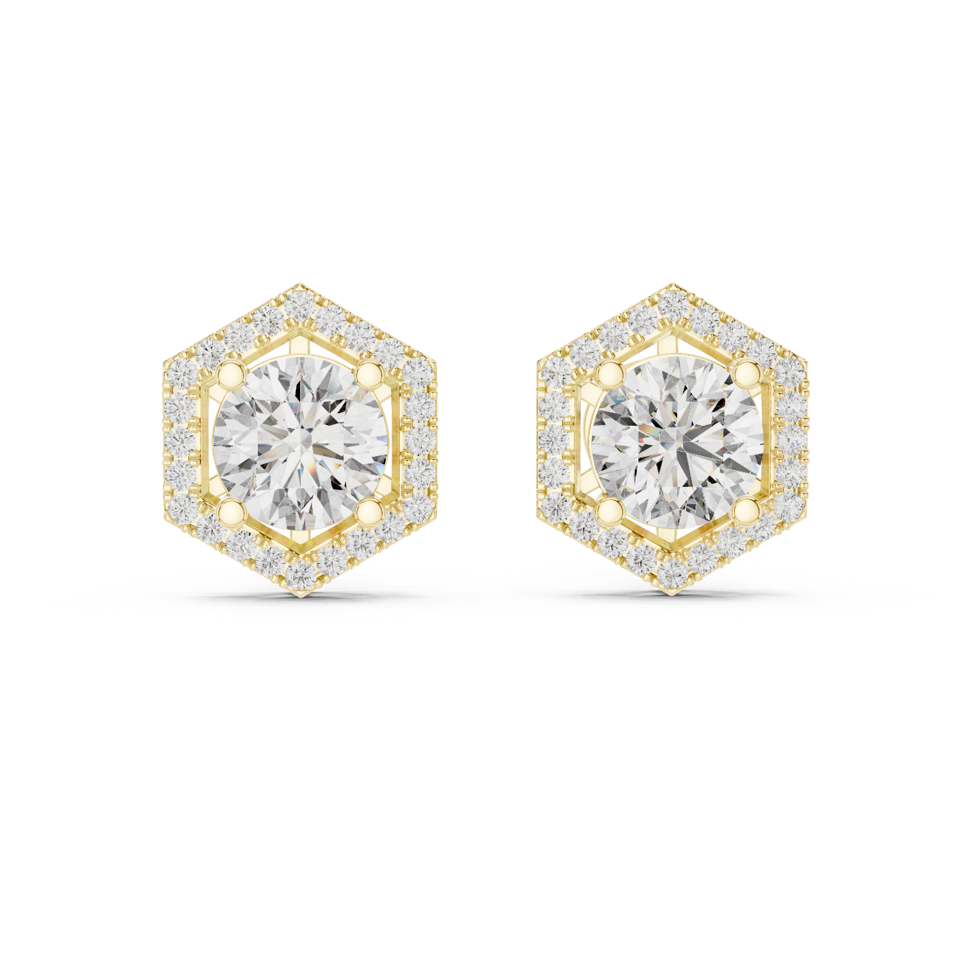 Hexagonal diamond earrings with gold accents on a white background