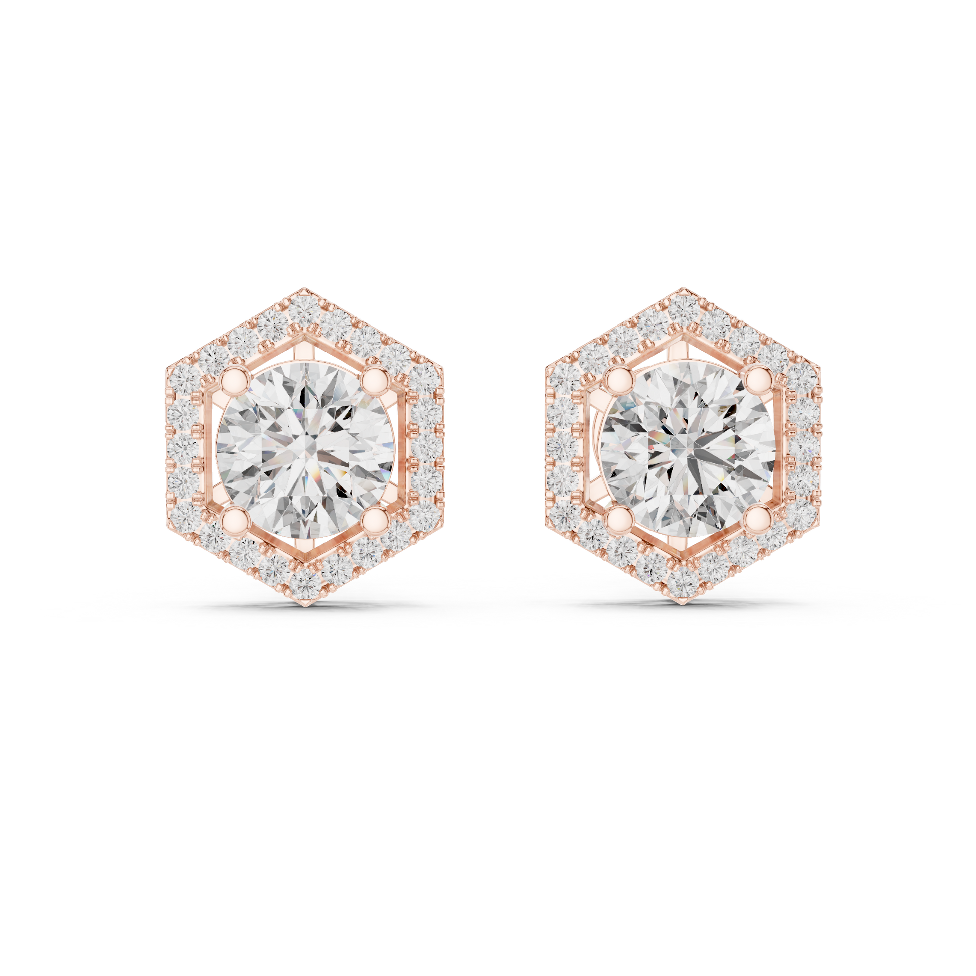 Hexagonal diamond earrings with rose gold accents on a white background