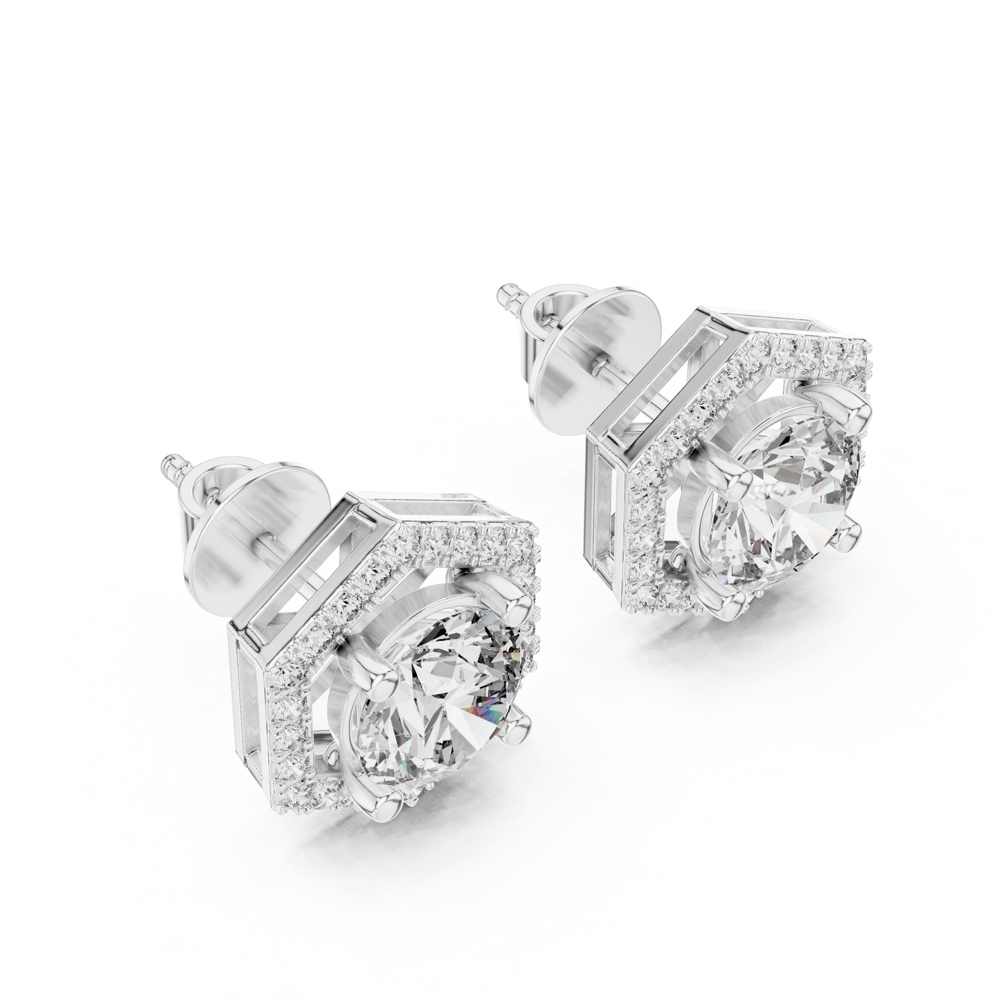 Hexagonal diamond earrings with gold accents on a white background