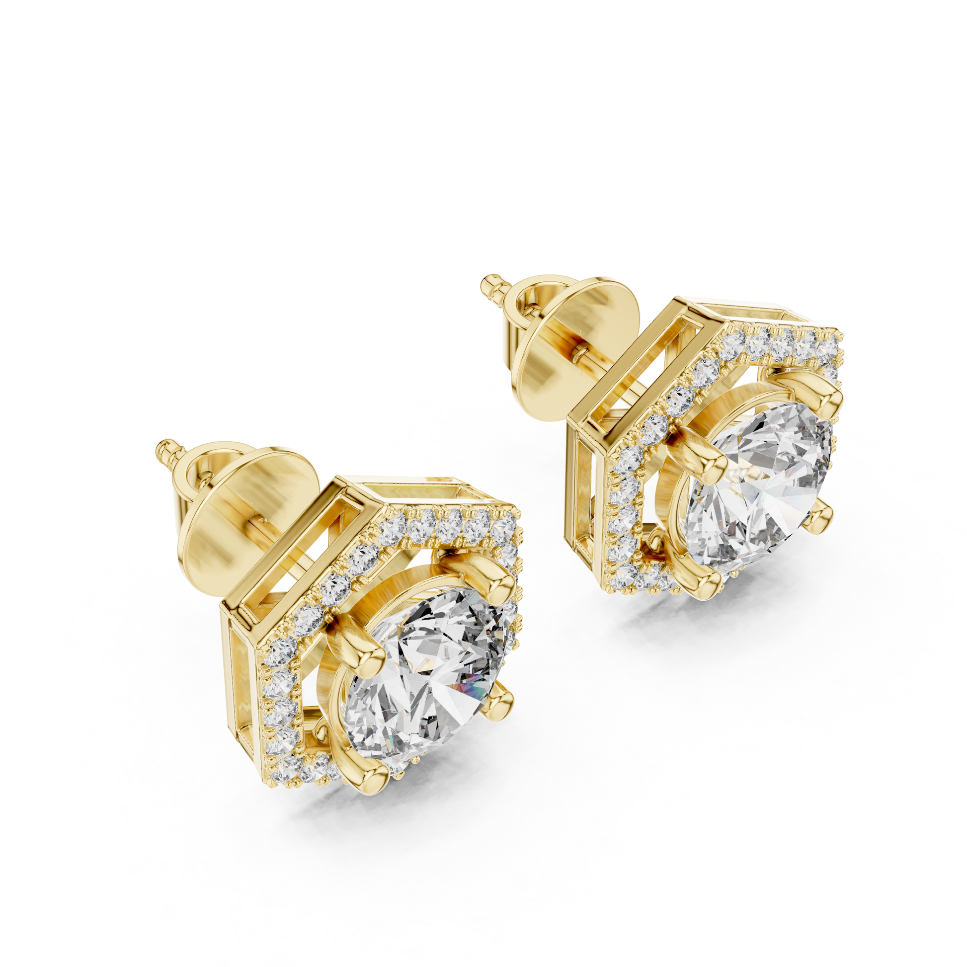 Hexagonal diamond earrings with gold accents on a white background