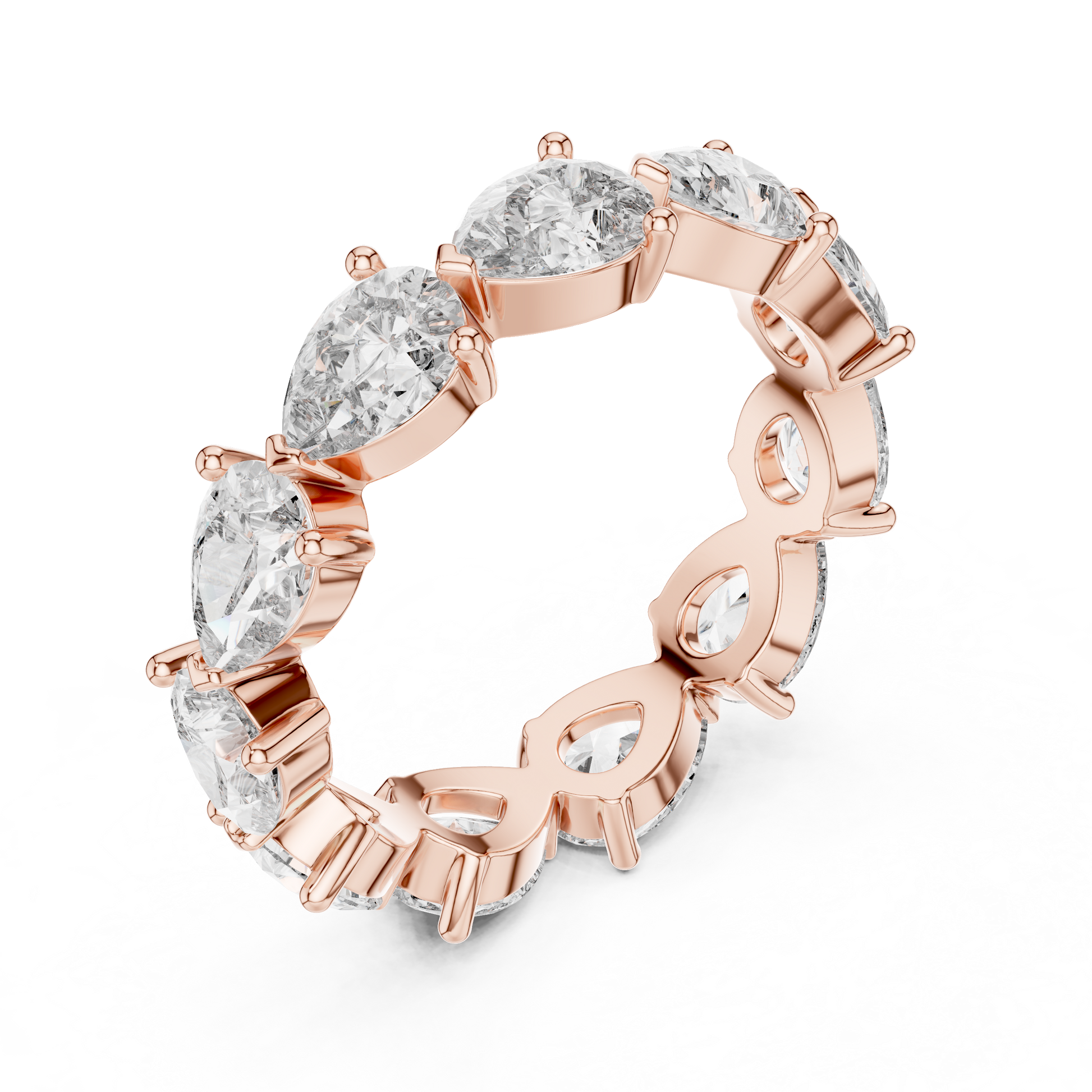 full eternity band features a unique, horizontal arrangement of Pear-cut diamonds